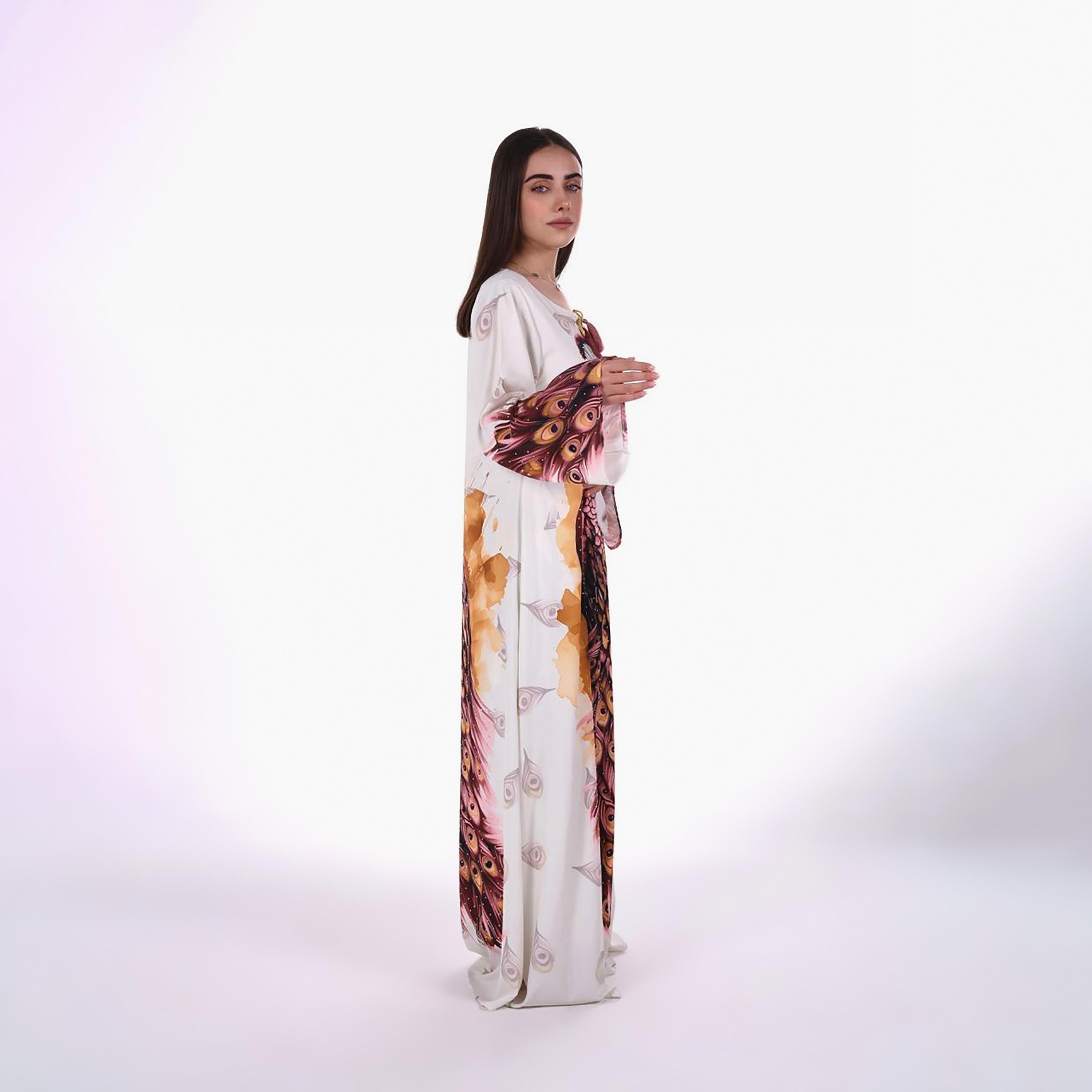 Al Bent Al Sharqieh Peacock Graphic Print Flared Sleeves Women's Jalabiya-women-arabicclothing-jalabiyas-image-4