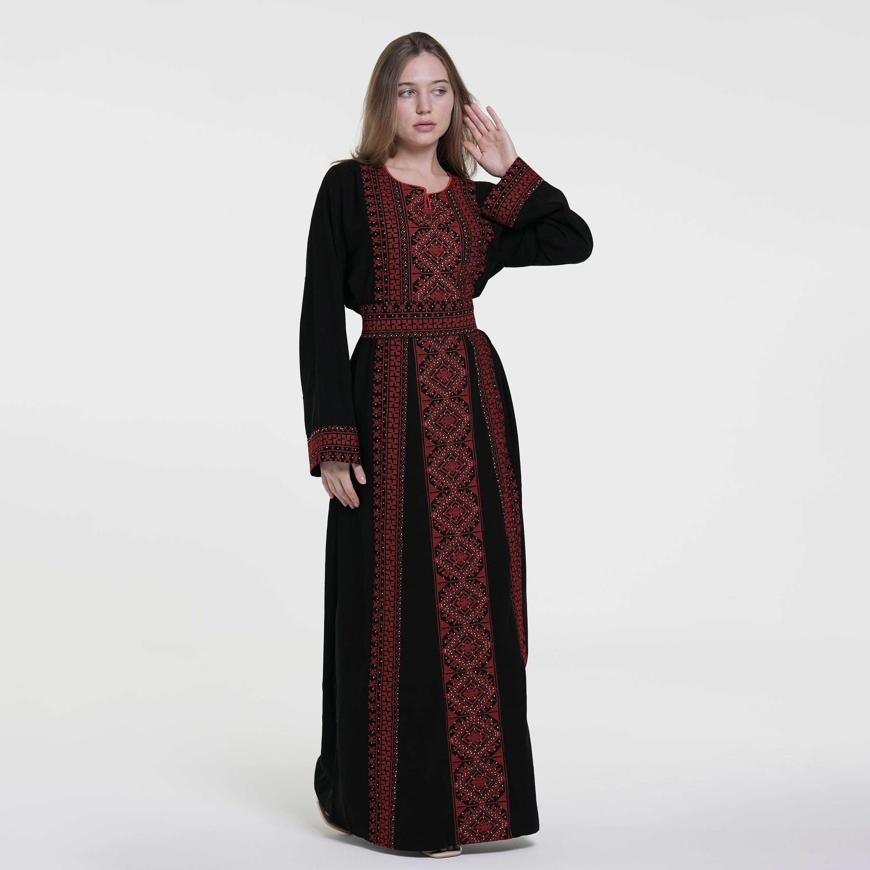 Al Bent Al Sharqieh Black & Red Tatreez Embroidered Women's Evening Jalabiya with Belt-women-arabicclothing-jalabiyas-image-1