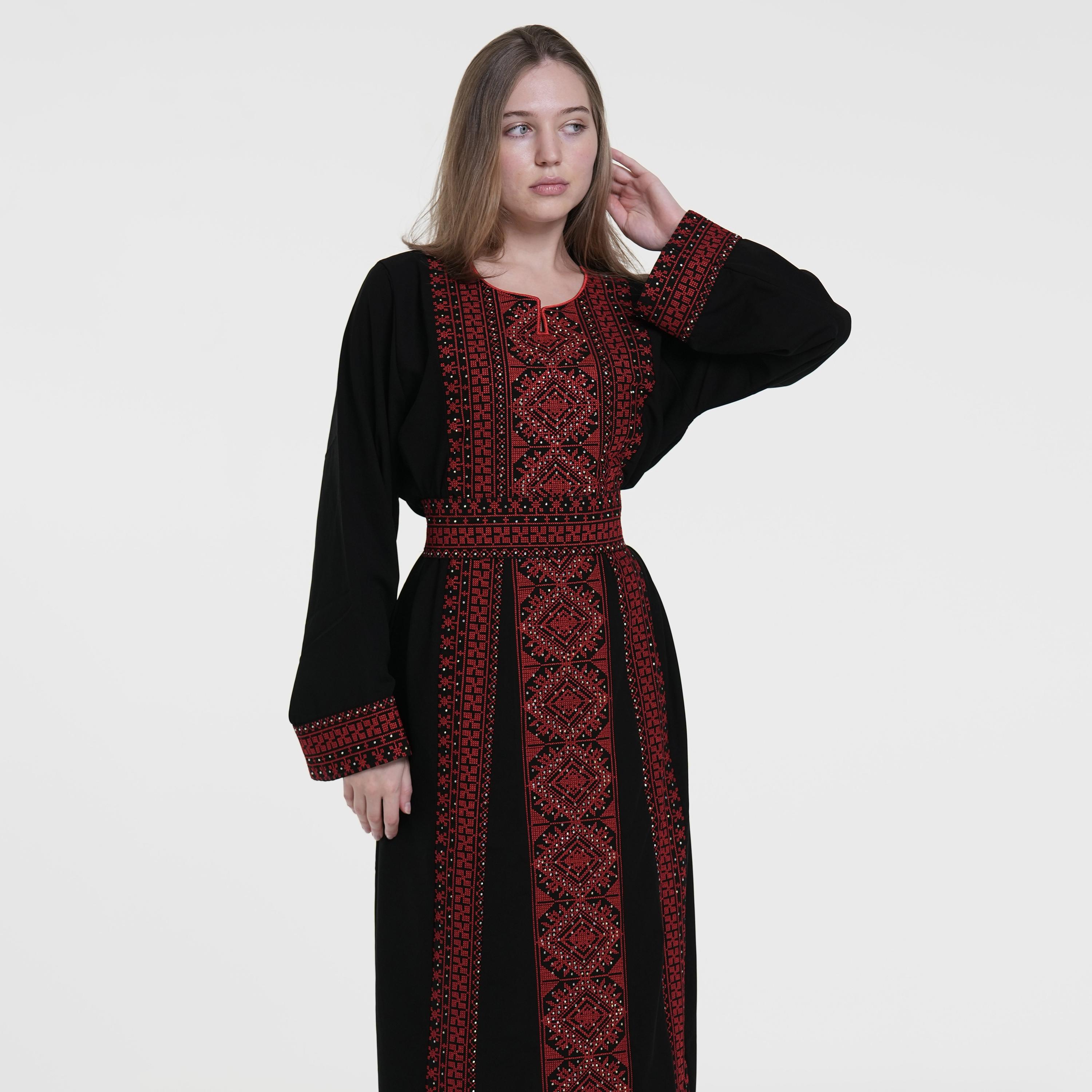 Al Bent Al Sharqieh Black & Red Tatreez Embroidered Women's Evening Jalabiya with Belt-women-arabicclothing-jalabiyas-image-2