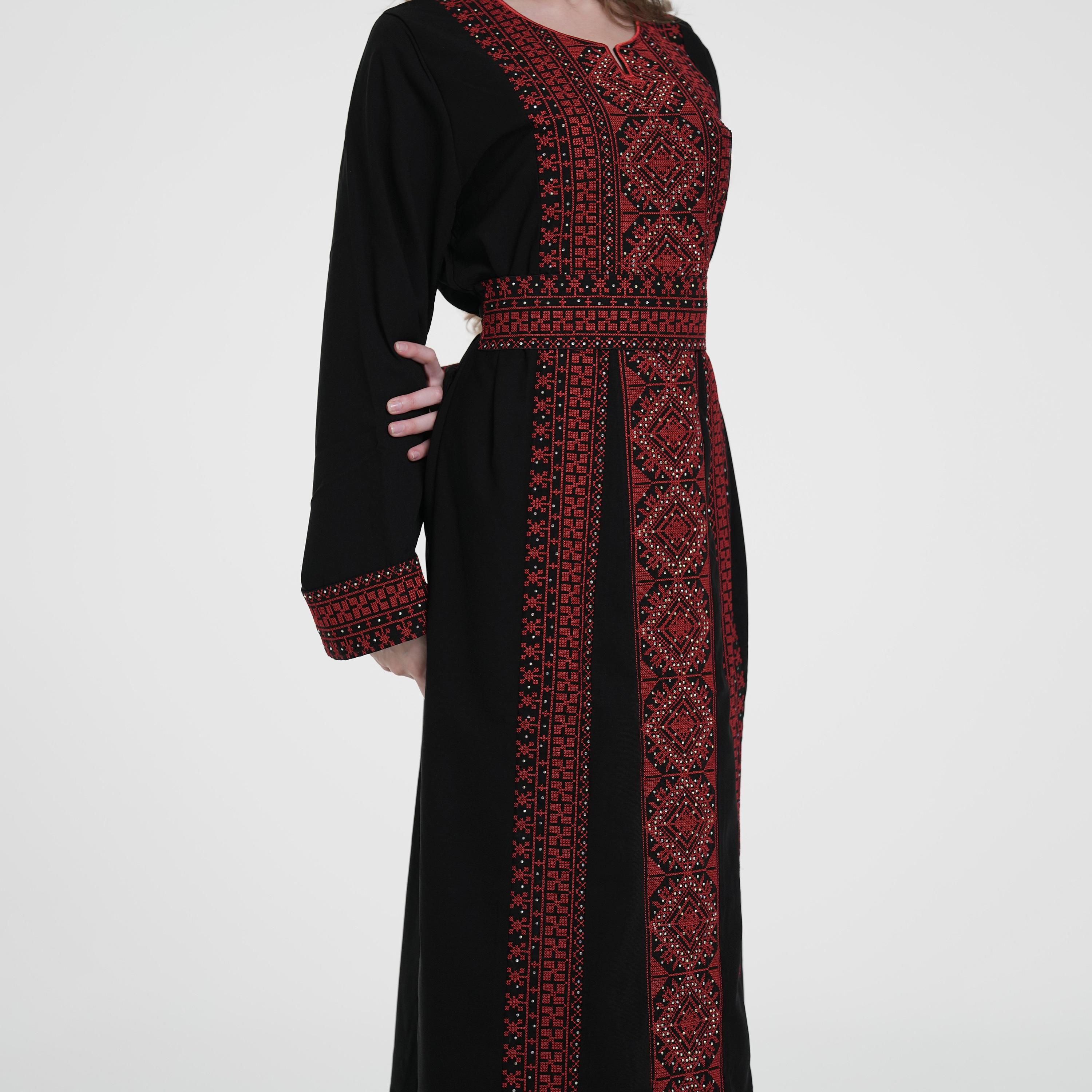 Al Bent Al Sharqieh Black & Red Tatreez Embroidered Women's Evening Jalabiya with Belt-women-arabicclothing-jalabiyas-image-3