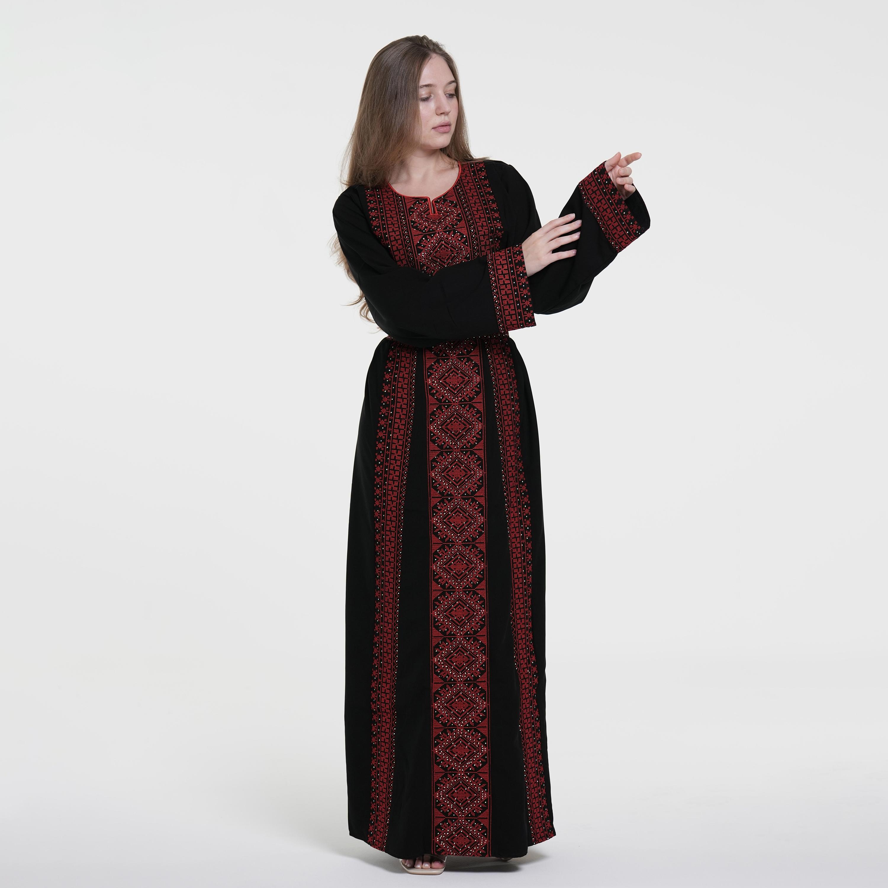 Al Bent Al Sharqieh Black & Red Tatreez Embroidered Women's Evening Jalabiya with Belt-women-arabicclothing-jalabiyas-image-4
