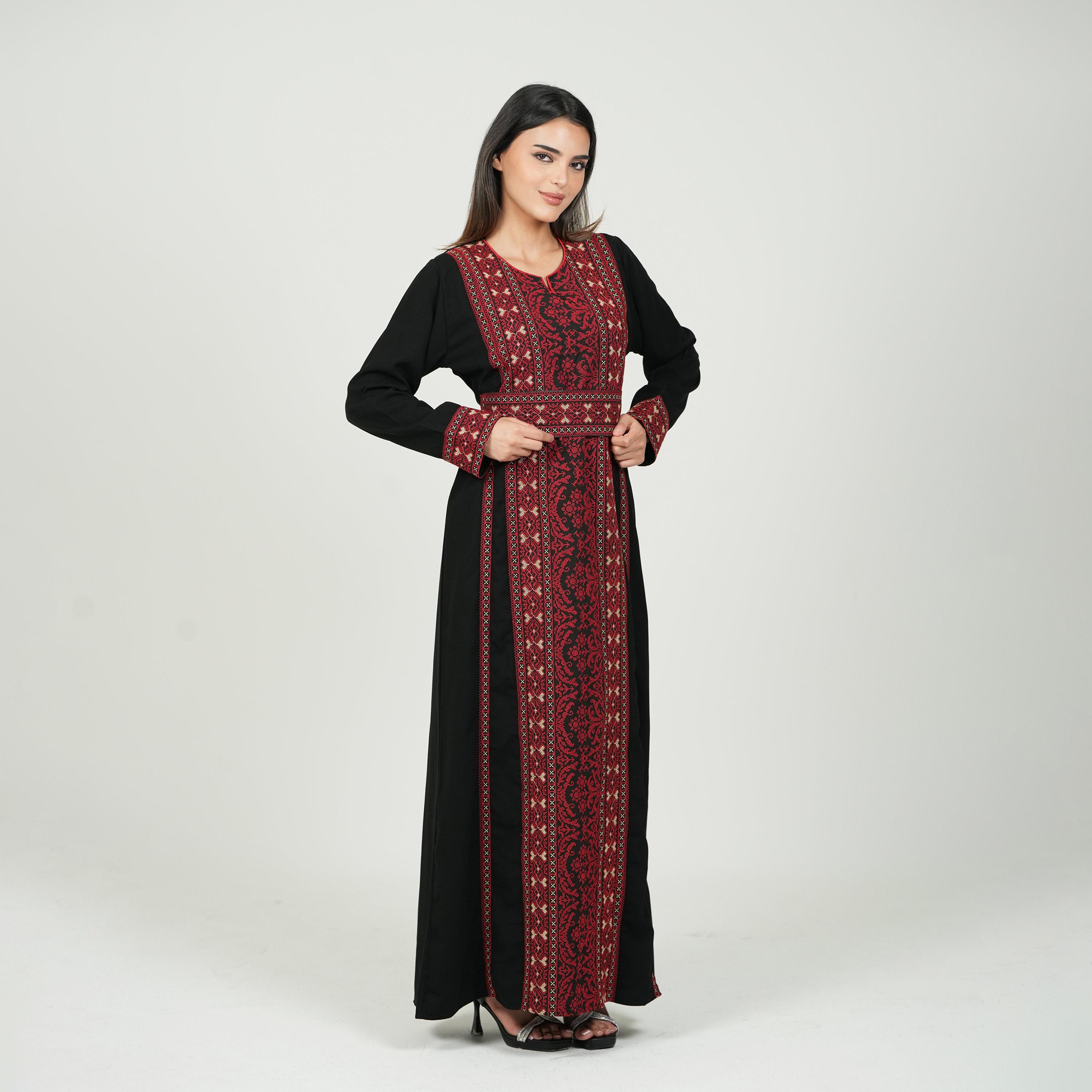 Al Bent Al Sharqieh Tatreez Embroidered Women's Evening Jalabiya with Belt-women-arabicclothing-jalabiyas-image-4