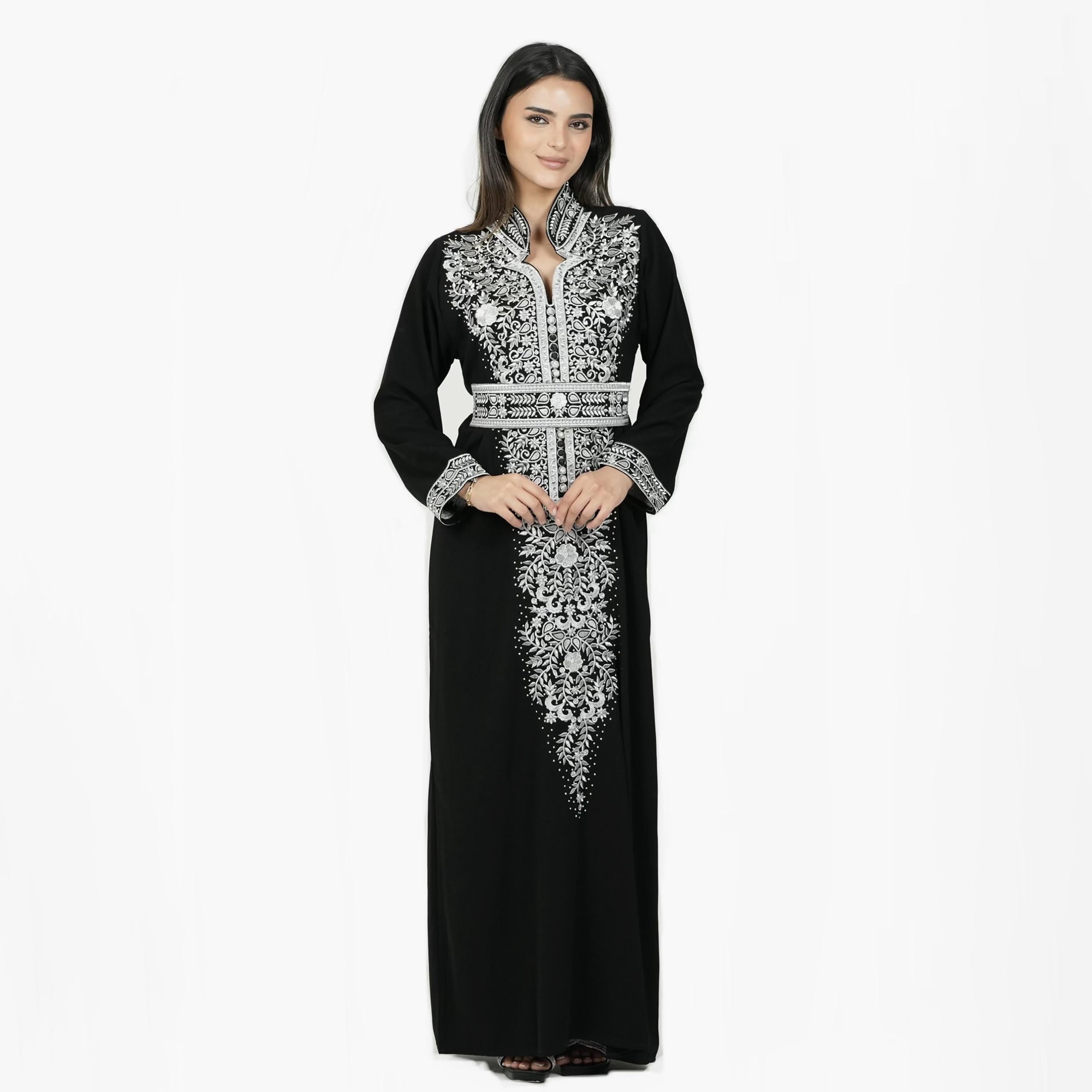 Al Bent Al Sharqieh Black Floral Embroidered Mandarin Collar Women's Evening Jalabiya with Belt-women-arabicclothing-jalabiyas-image-1