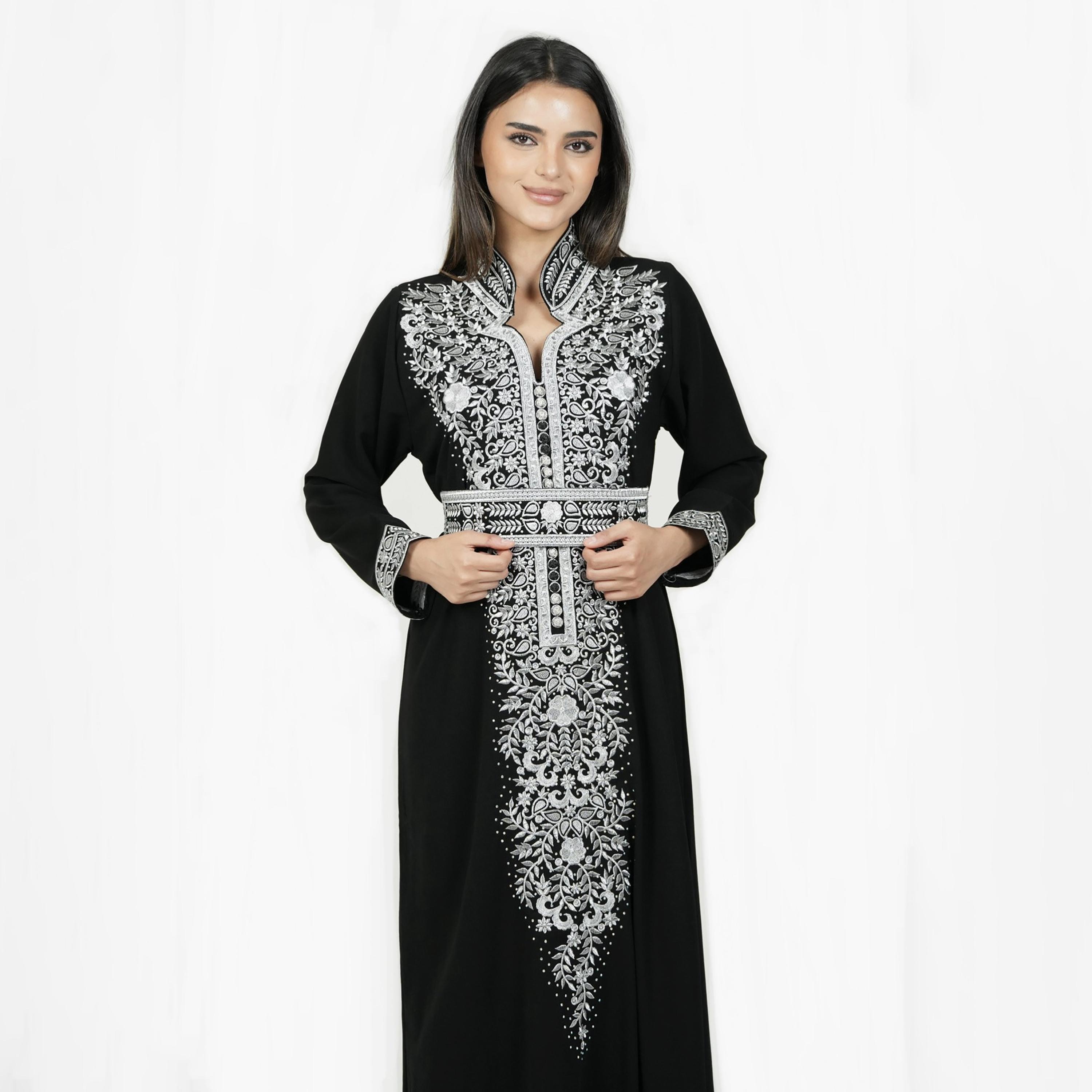 Al Bent Al Sharqieh Black Floral Embroidered Mandarin Collar Women's Evening Jalabiya with Belt-women-arabicclothing-jalabiyas-image-2
