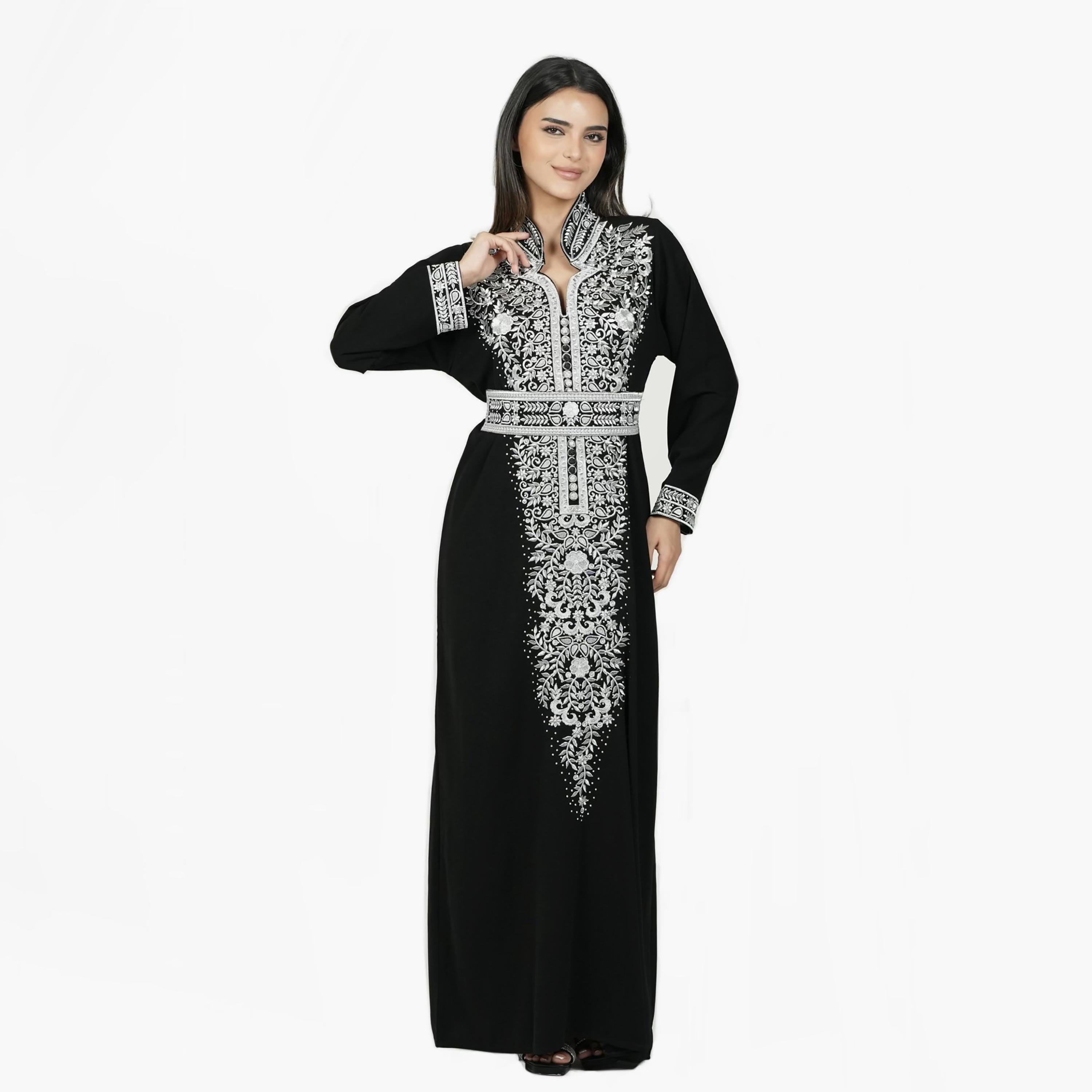 Al Bent Al Sharqieh Black Floral Embroidered Mandarin Collar Women's Evening Jalabiya with Belt-women-arabicclothing-jalabiyas-image-4