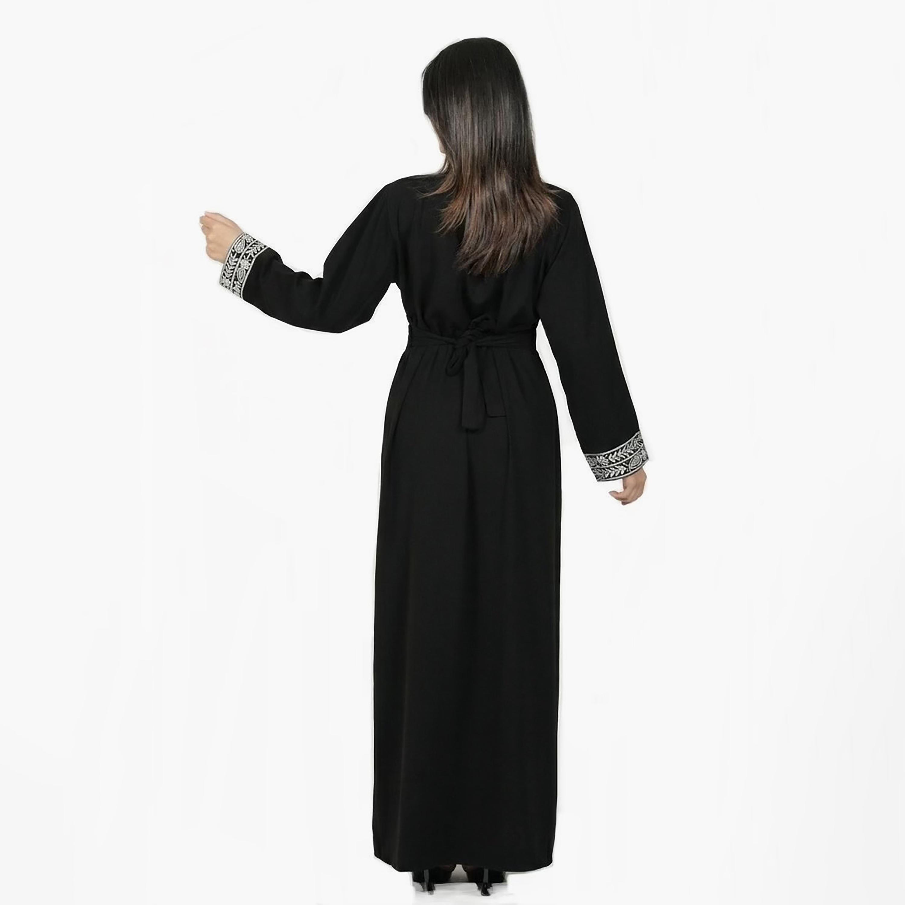 Al Bent Al Sharqieh Black Floral Embroidered Mandarin Collar Women's Evening Jalabiya with Belt-women-arabicclothing-jalabiyas-image-5
