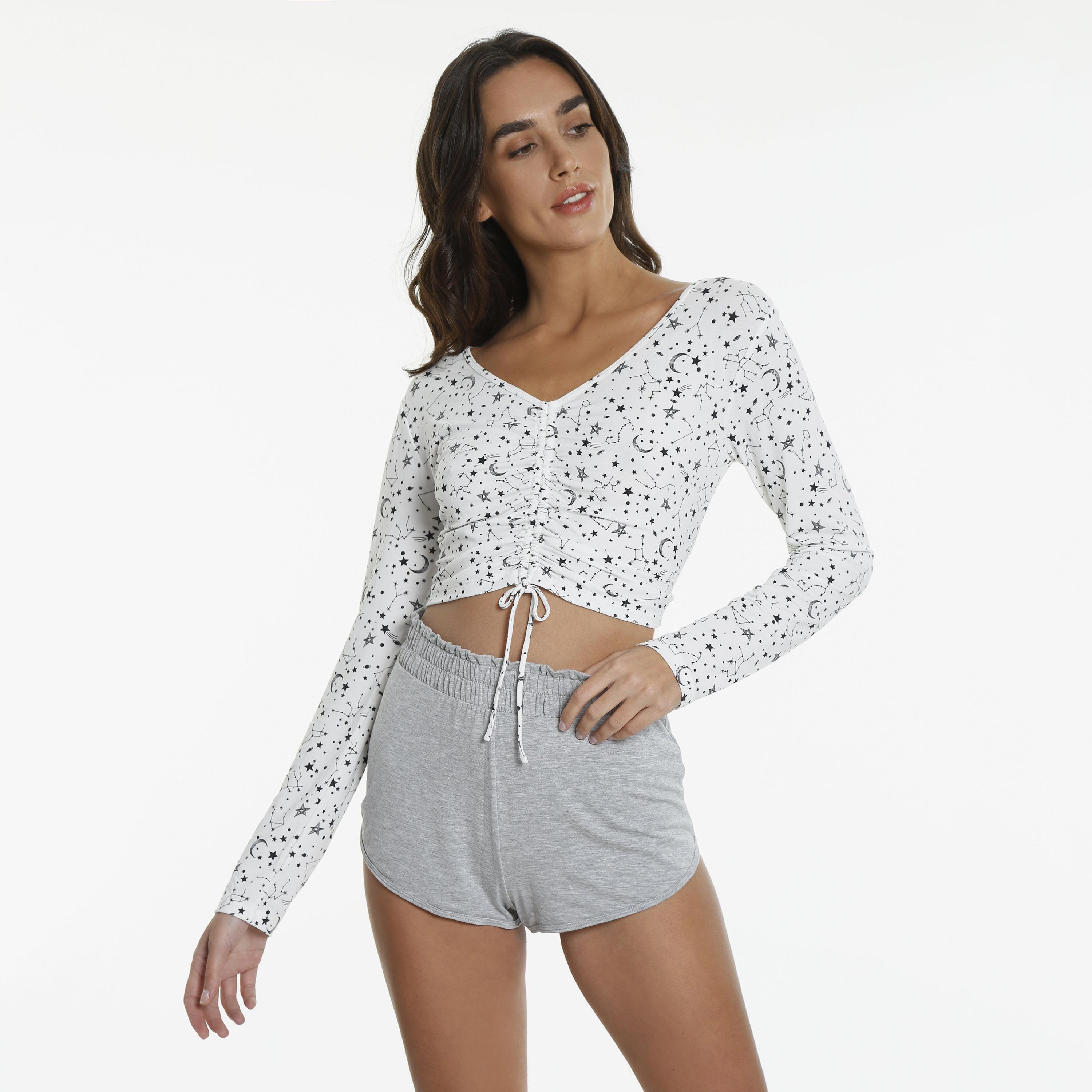 La Senza Regular Fit Star Print V-Neck Long Sleeves Women's Cropped Top-women-clothing-nightwear-pyjamas-tops-image-2