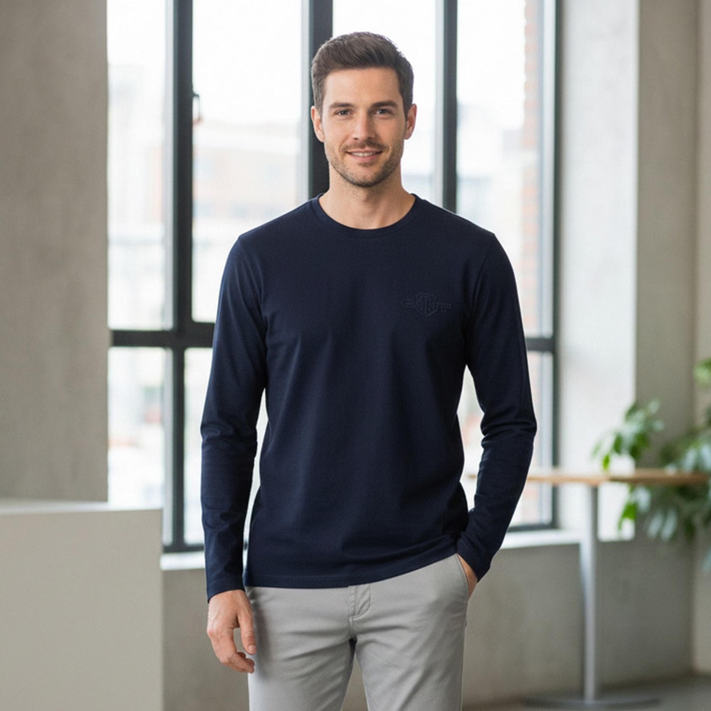 Gant Tonal Shield Regular Fit Long Sleeves Crew Neck Men's T-Shirt-men-clothing-tshirtsandpolos-tshirts-image-1