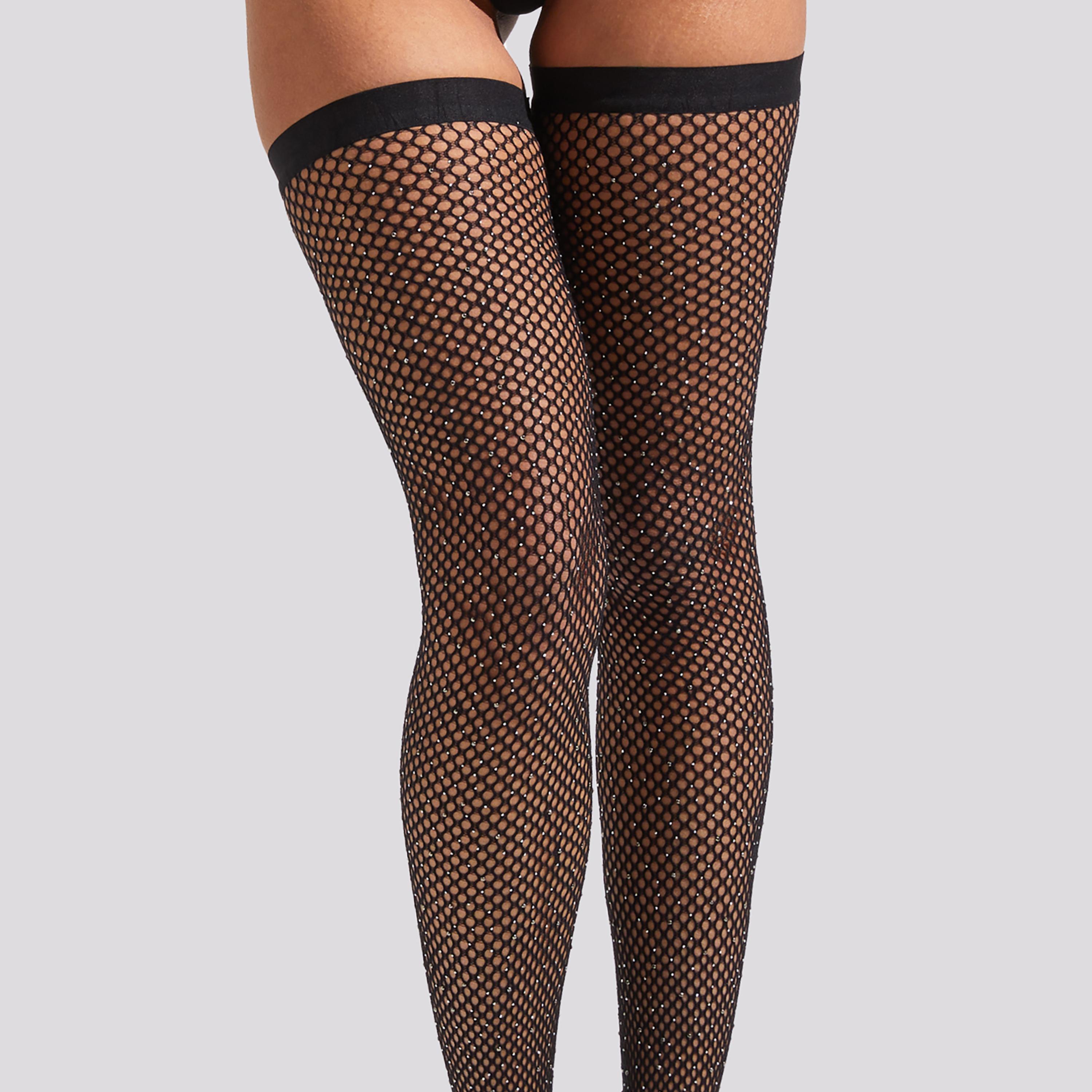 جوارب نسائية سوداء مرصعة بالماس الصناعي عالية للفخذ تثبت ذاتيًا من آن سامرز-women-clothing-lingerie-tightsandstockings-image-2