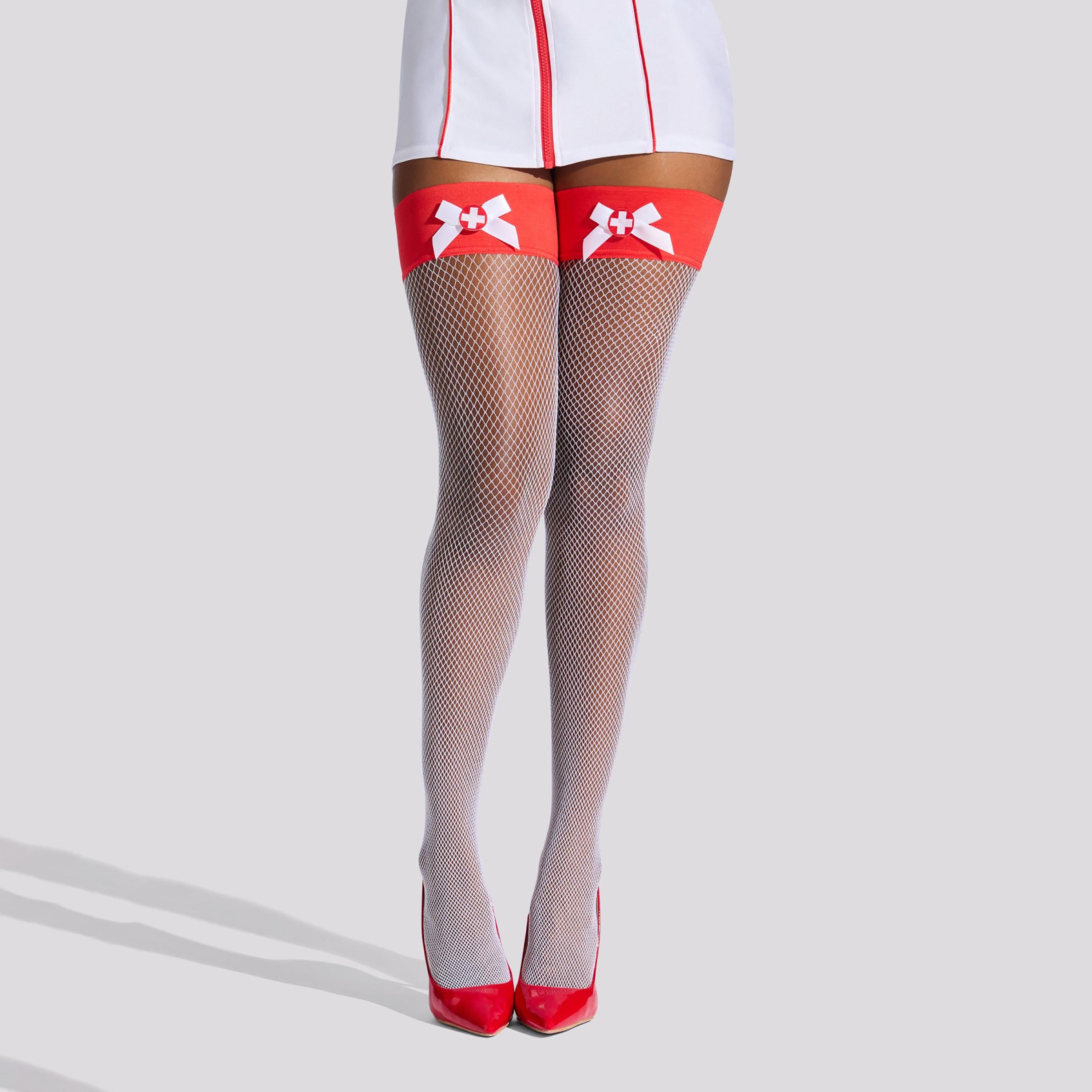 Ann Summers Nurse Bow White Fishnet Women's Hold-Ups-women-socksandstockings-image-1