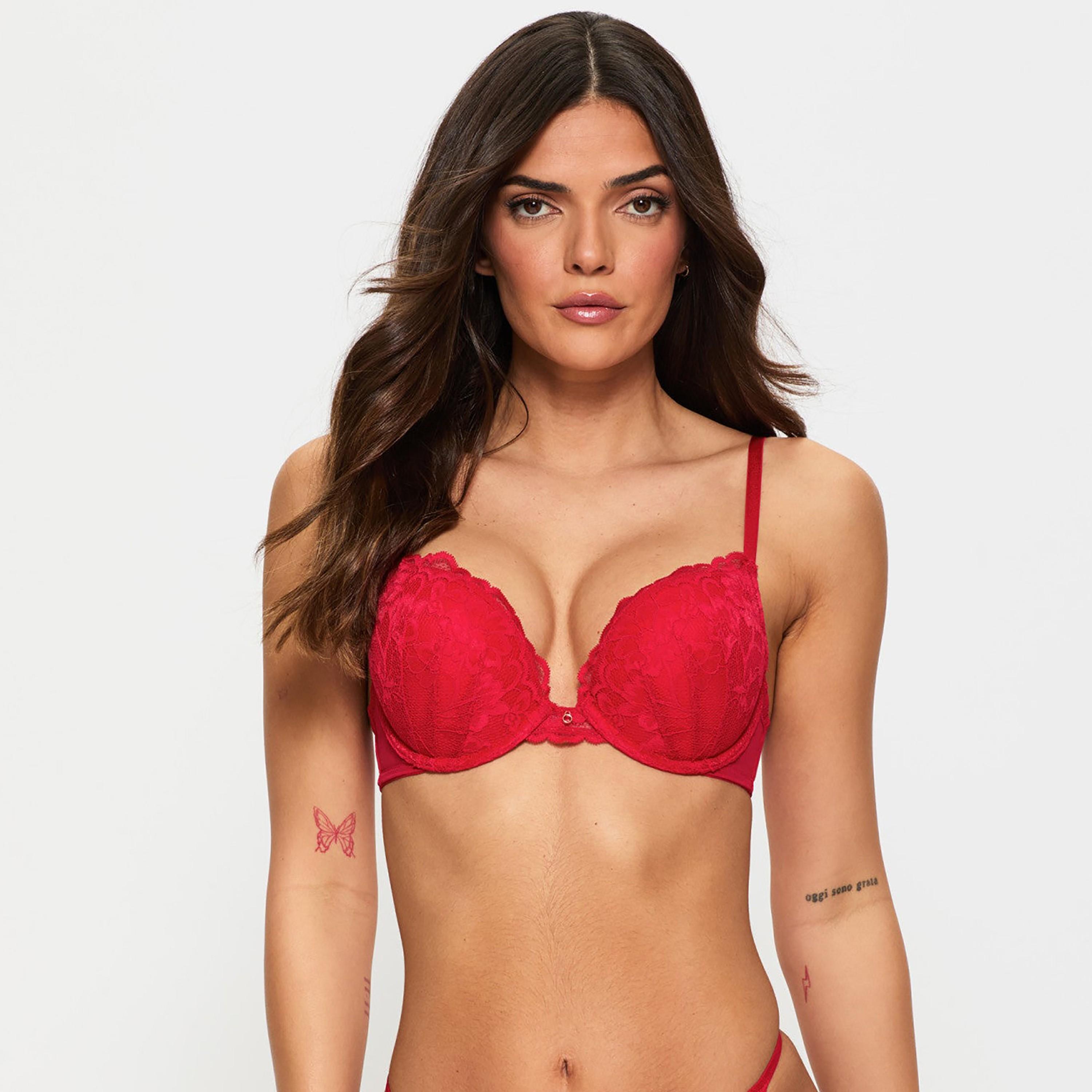 Ann Summers Sexy Red Lace Wired Medium Support Padded Women's Push-Up Plunge Bra-women-clothing-lingerie-bras-image-1