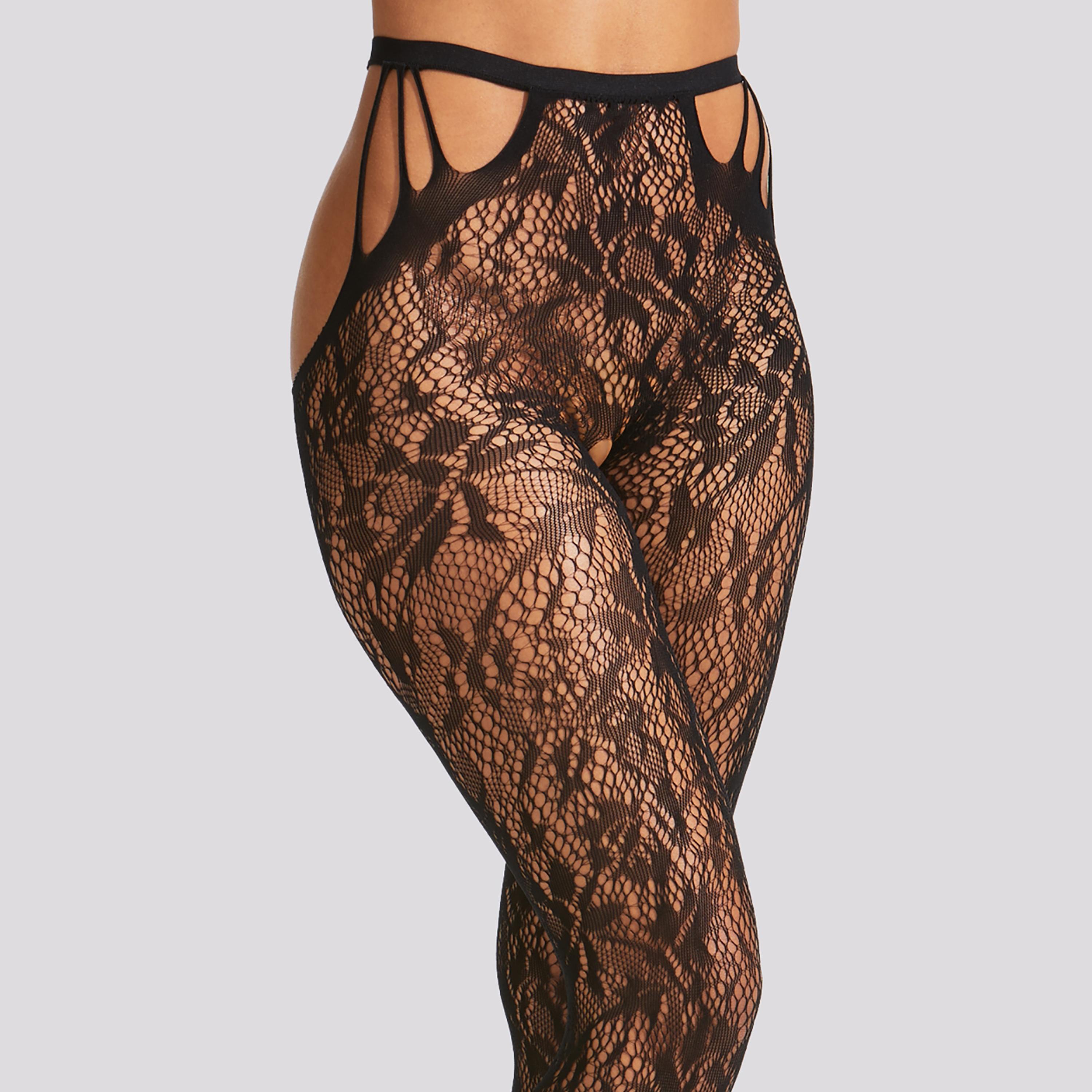 جوارب نسائية سوداء شبكية مفتوحة المنشعب بأربطة من آن سامرز-women-clothing-lingerie-tightsandstockings-image-3