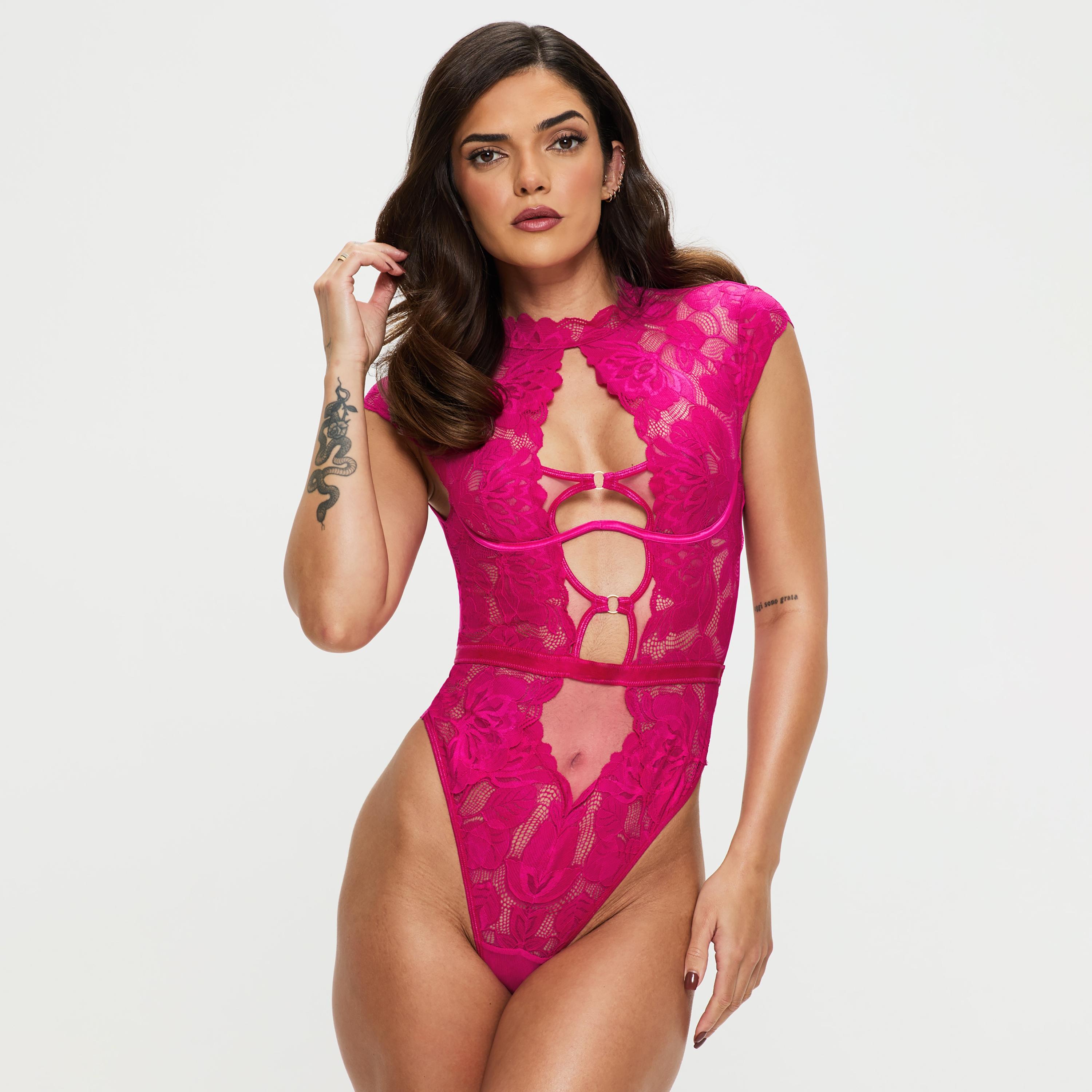 بدلة جسم نسائية من الدانتيل الوردي إنشانت من آن سامرز-women-clothing-lingerie-babydollsandbodysuits-image-1