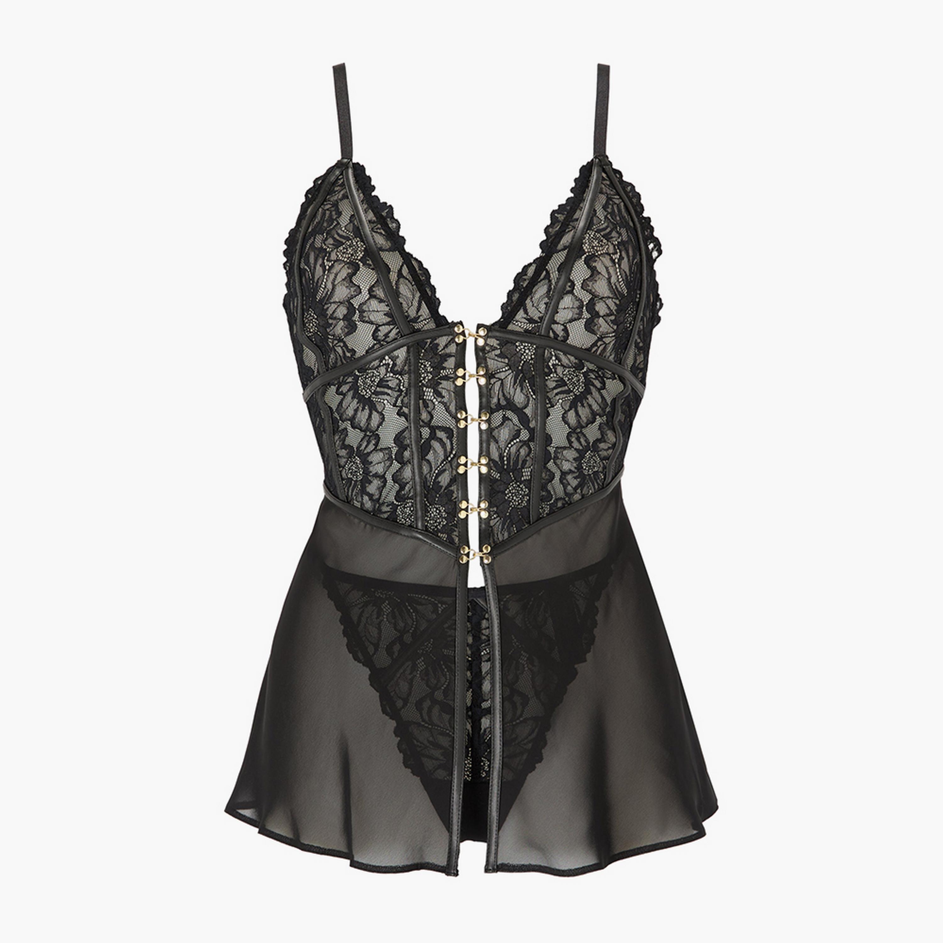 Ann Summers Alyssia Black Satin Non-Wired Medium Support Non-Padded Women's Babydoll Set-women-clothing-lingerie-babydollsandbodysuits-image-5