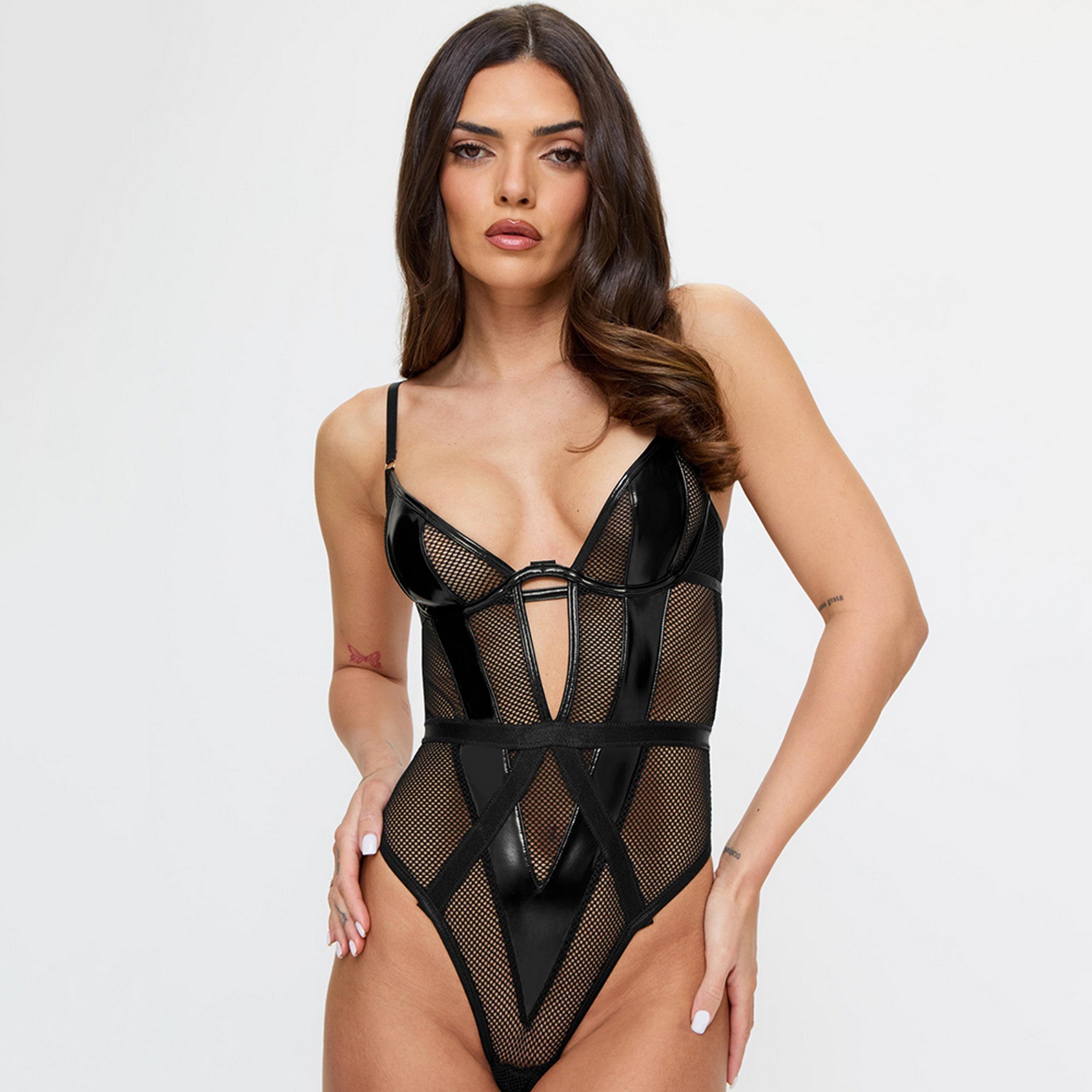 بادي نسائي أسود بأسلاك وغير مبطن "هيفي ديوتي" من آن سمرز-women-clothing-lingerie-babydollsandbodysuits-image-4