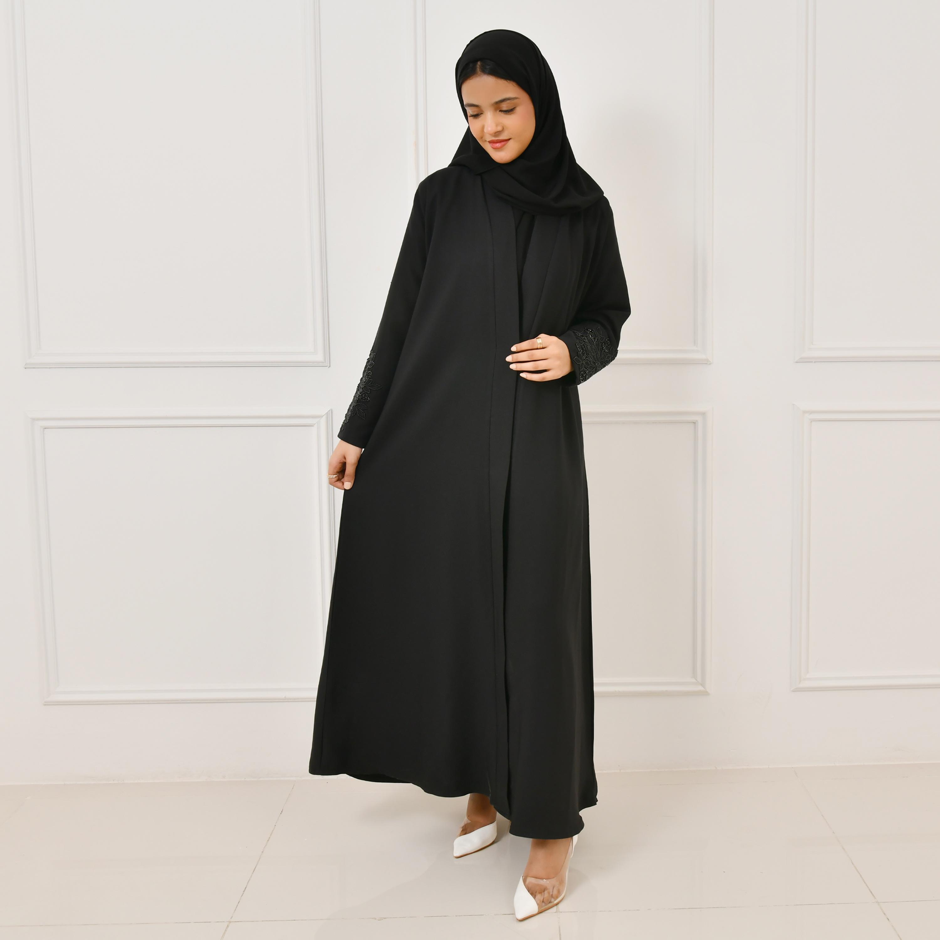 Hawraa Black Beaded and Embroidered Linen Girl's Abaya with Hijab-girls-arabicclothing-abayas-image-1