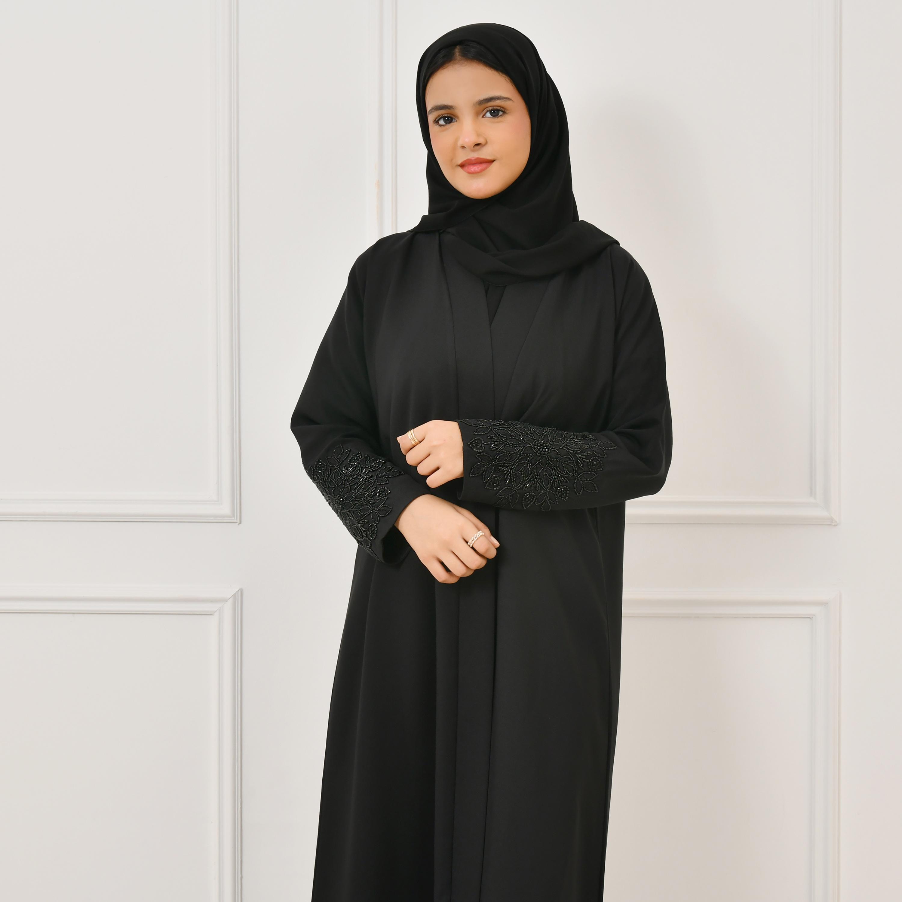 Hawraa Black Beaded and Embroidered Linen Girl's Abaya with Hijab-girls-arabicclothing-abayas-image-2