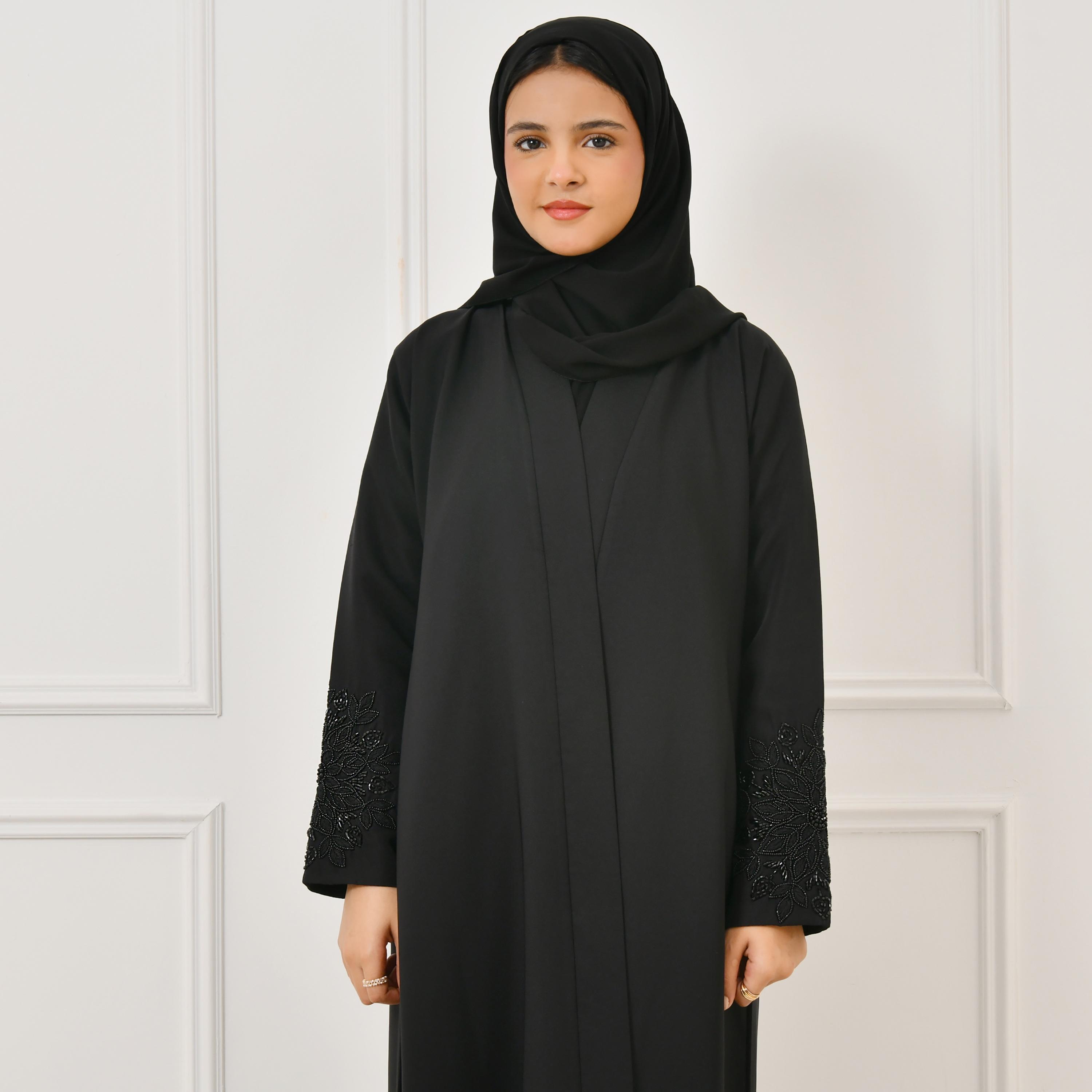 Hawraa Black Beaded and Embroidered Linen Girl's Abaya with Hijab-girls-arabicclothing-abayas-image-3