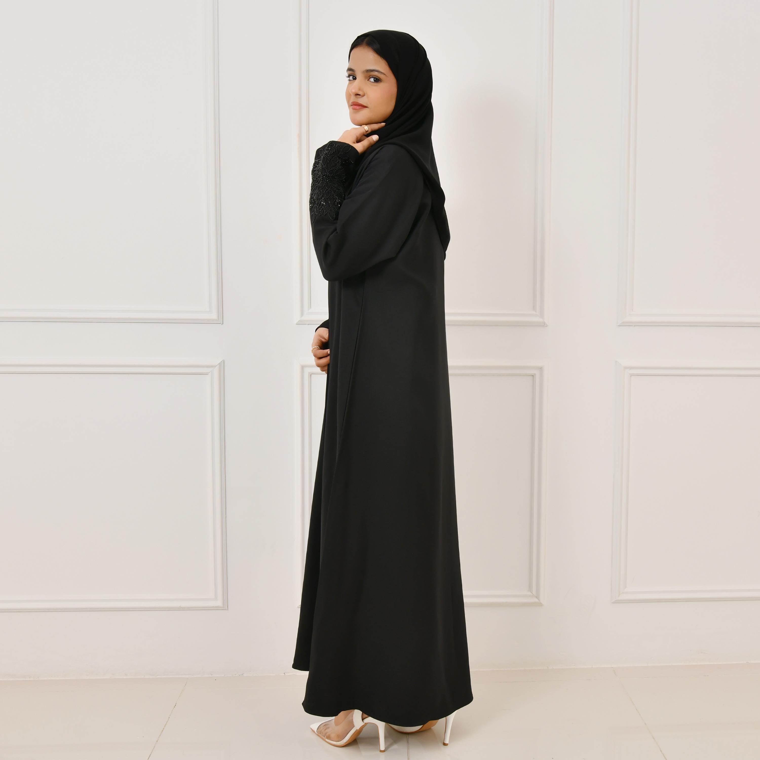 Hawraa Black Beaded and Embroidered Linen Girl's Abaya with Hijab-girls-arabicclothing-abayas-image-4