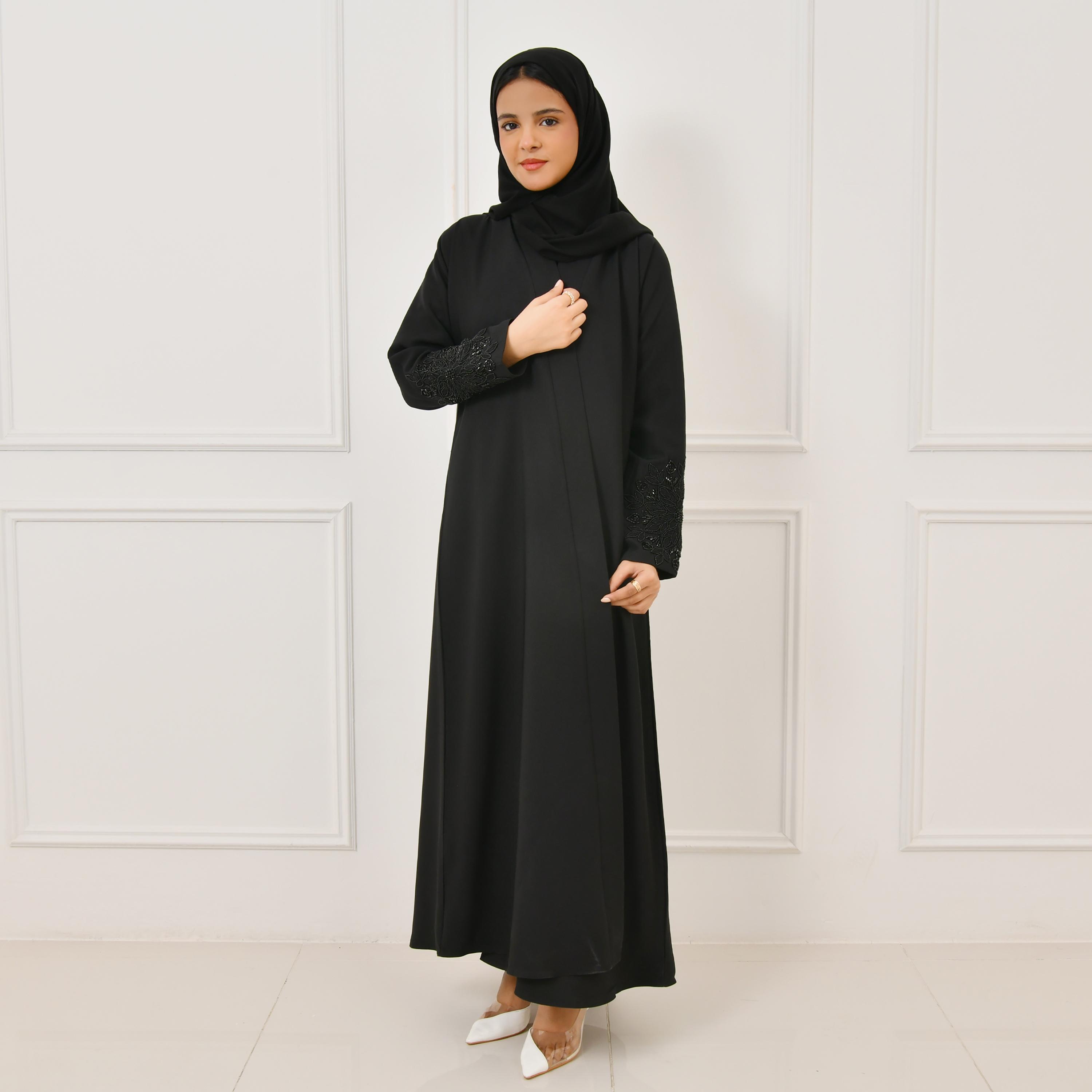 Hawraa Black Beaded and Embroidered Linen Girl's Abaya with Hijab-girls-arabicclothing-abayas-image-5
