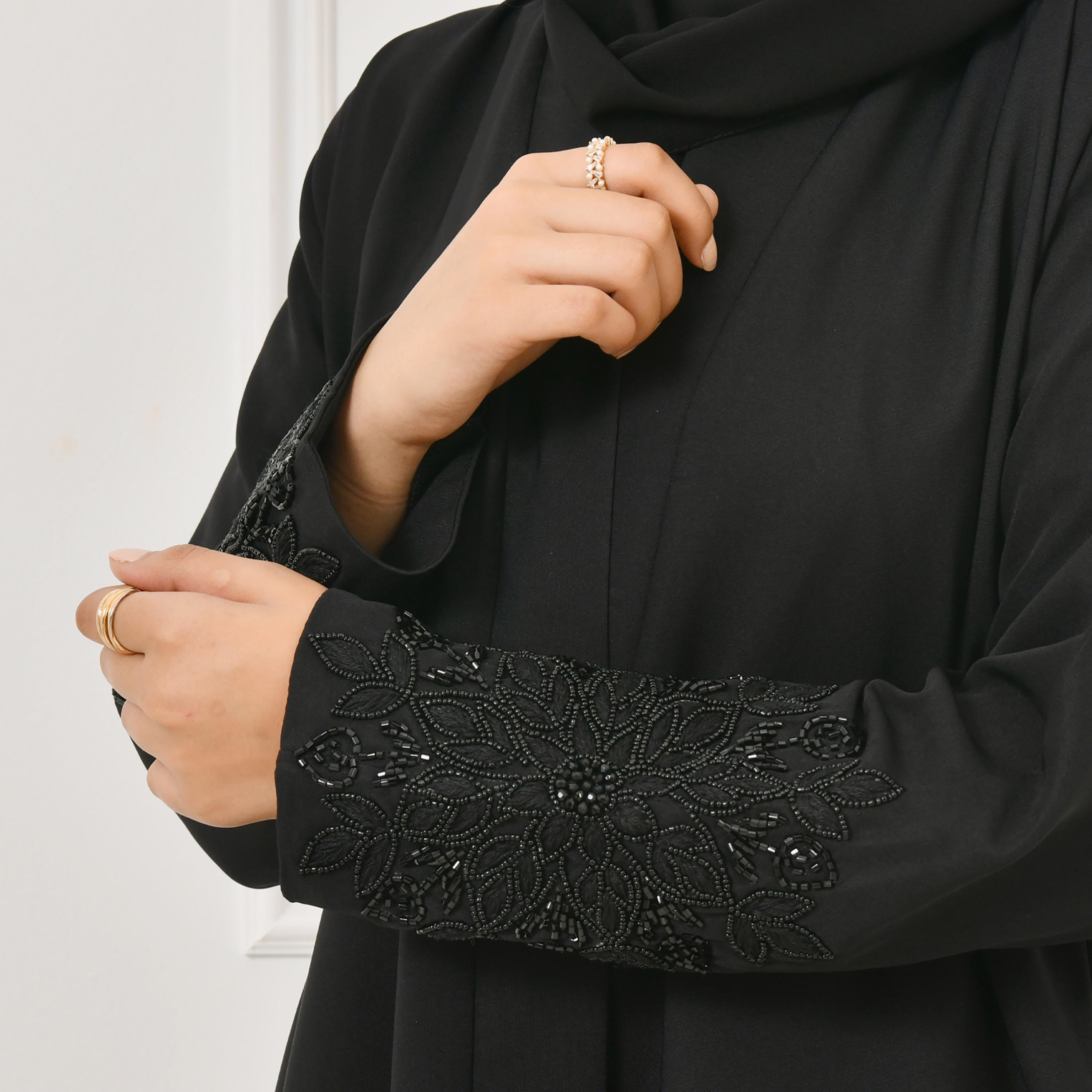 Hawraa Black Beaded and Embroidered Linen Girl's Abaya with Hijab-girls-arabicclothing-abayas-image-6