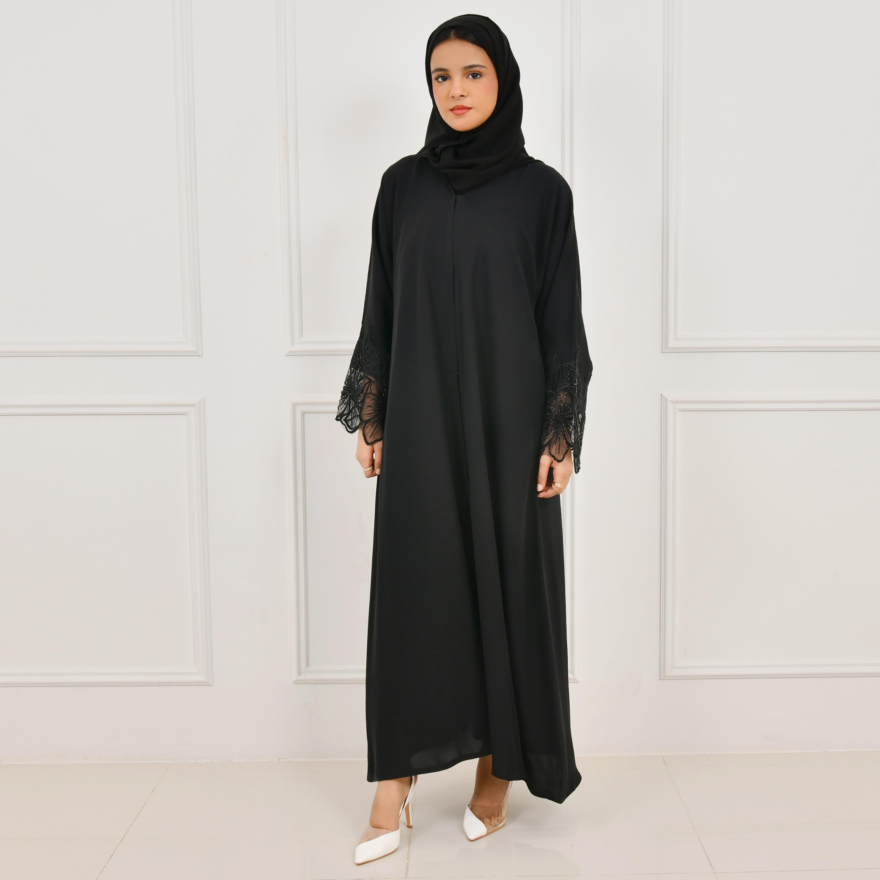 Hawraa Black Beaded and Embroidered Wide Sleeves Linen Girl's Abaya with Hijab-girls-arabicclothing-abayas-image-1
