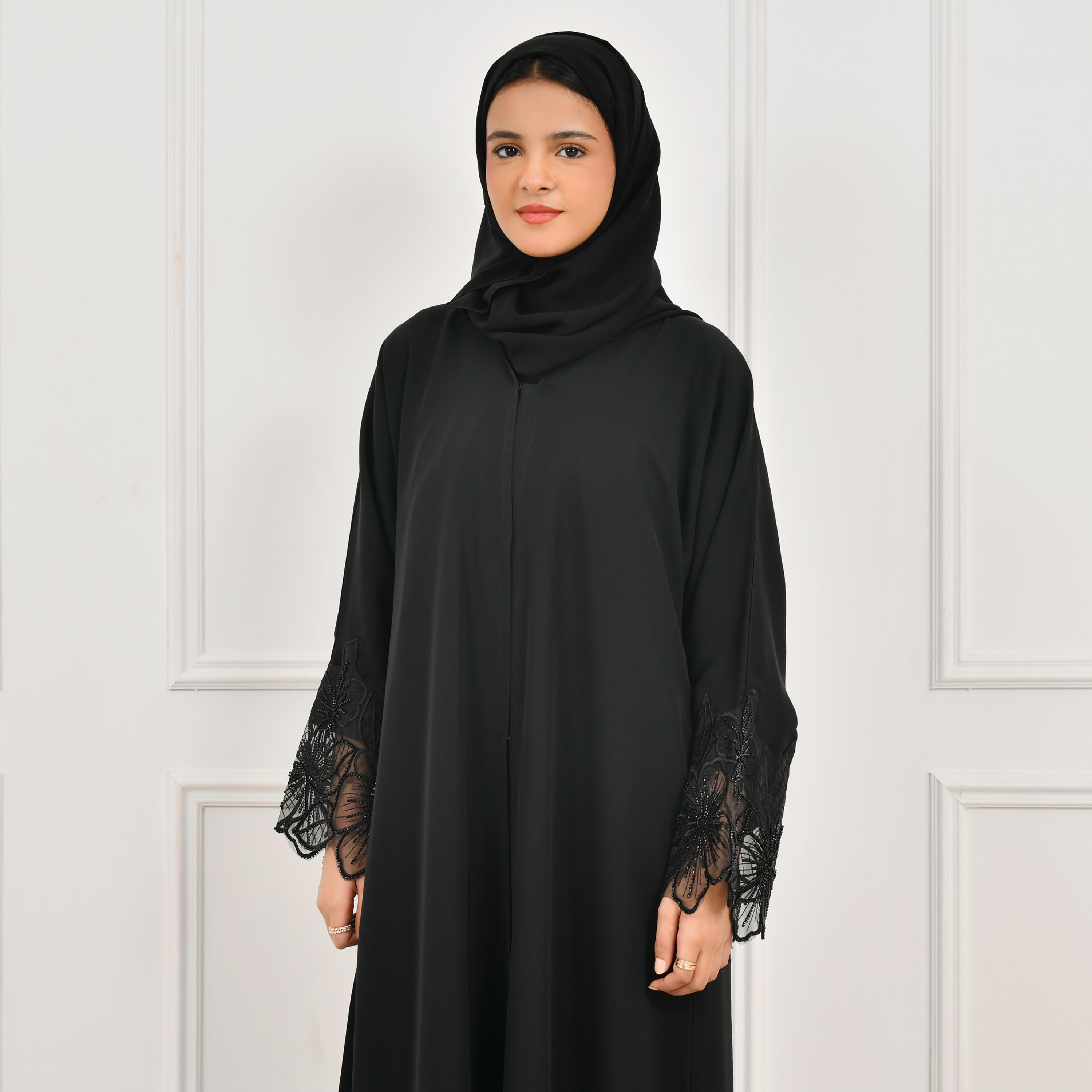 Hawraa Black Beaded and Embroidered Wide Sleeves Linen Girl's Abaya with Hijab-girls-arabicclothing-abayas-image-3