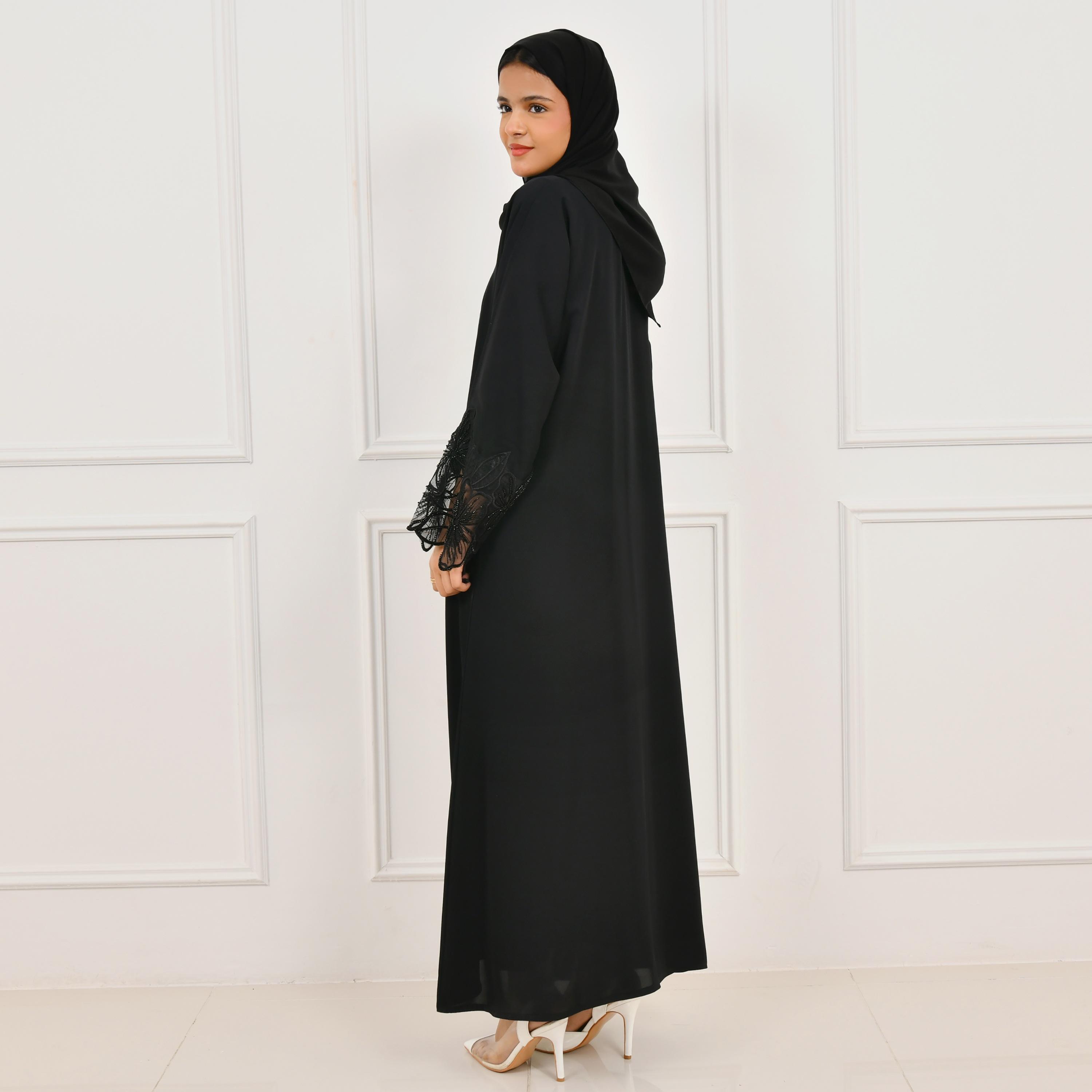 Hawraa Black Beaded and Embroidered Wide Sleeves Linen Girl's Abaya with Hijab-girls-arabicclothing-abayas-image-4