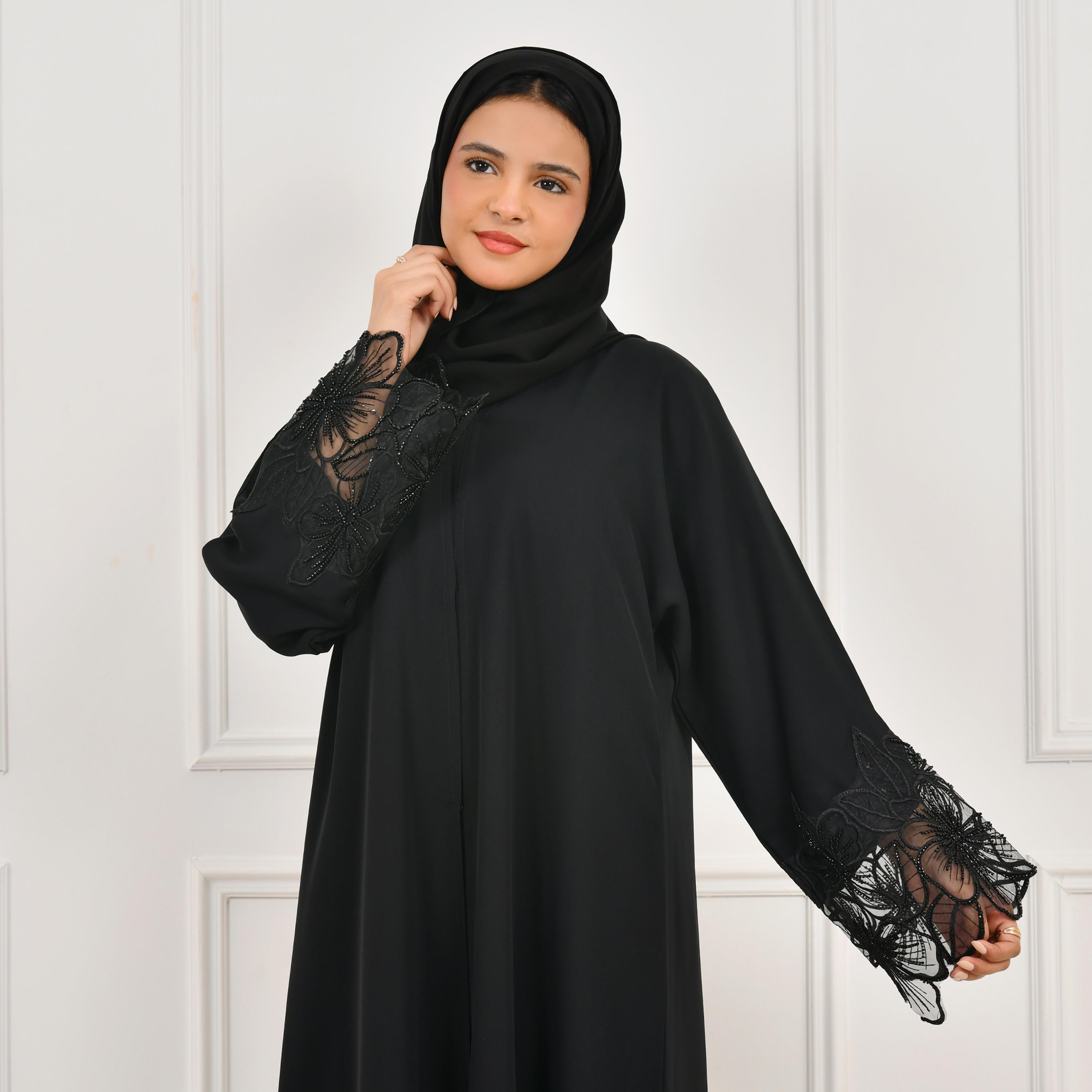 Hawraa Black Beaded and Embroidered Wide Sleeves Linen Girl's Abaya with Hijab-girls-arabicclothing-abayas-image-5