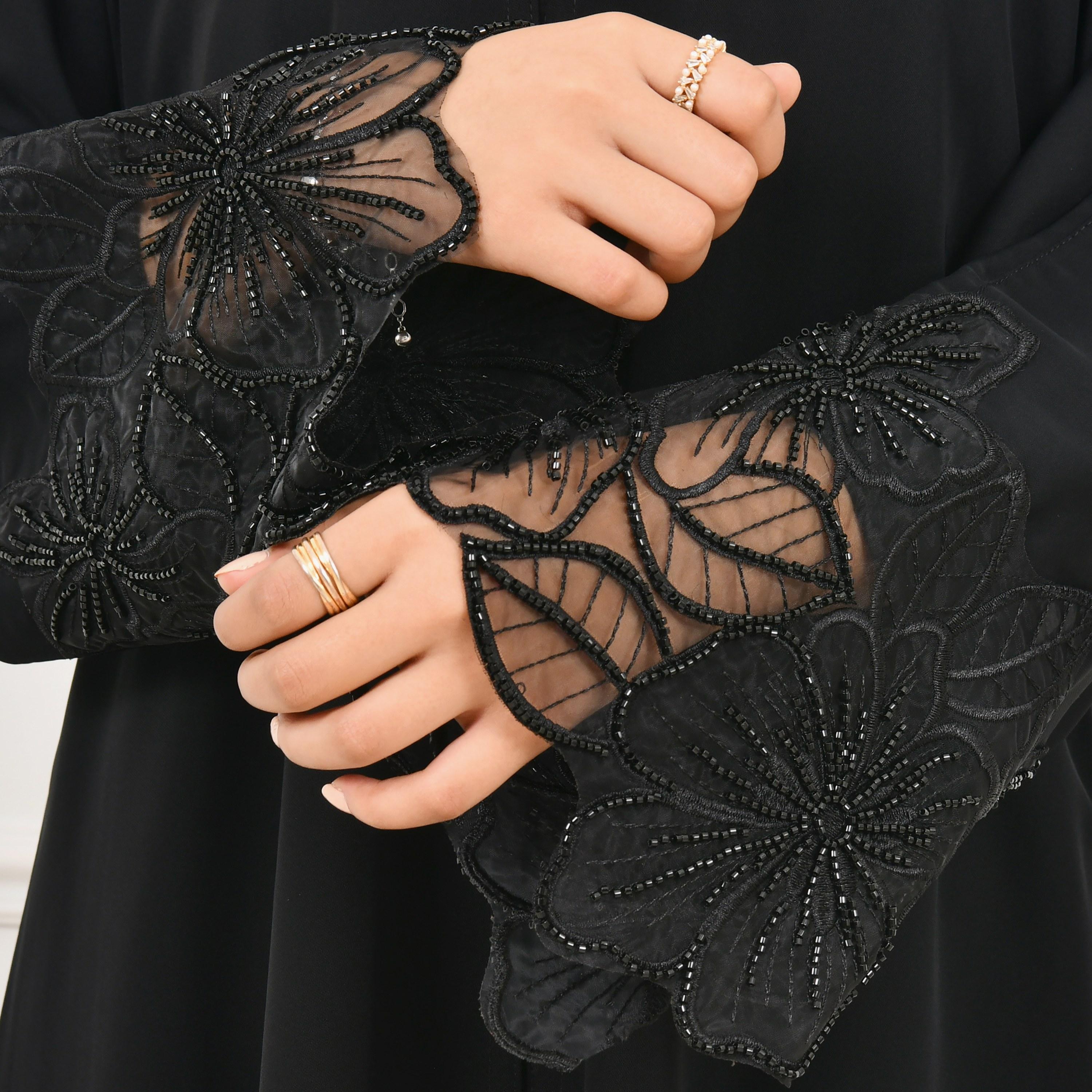 Hawraa Black Beaded and Embroidered Wide Sleeves Linen Girl's Abaya with Hijab-girls-arabicclothing-abayas-image-6