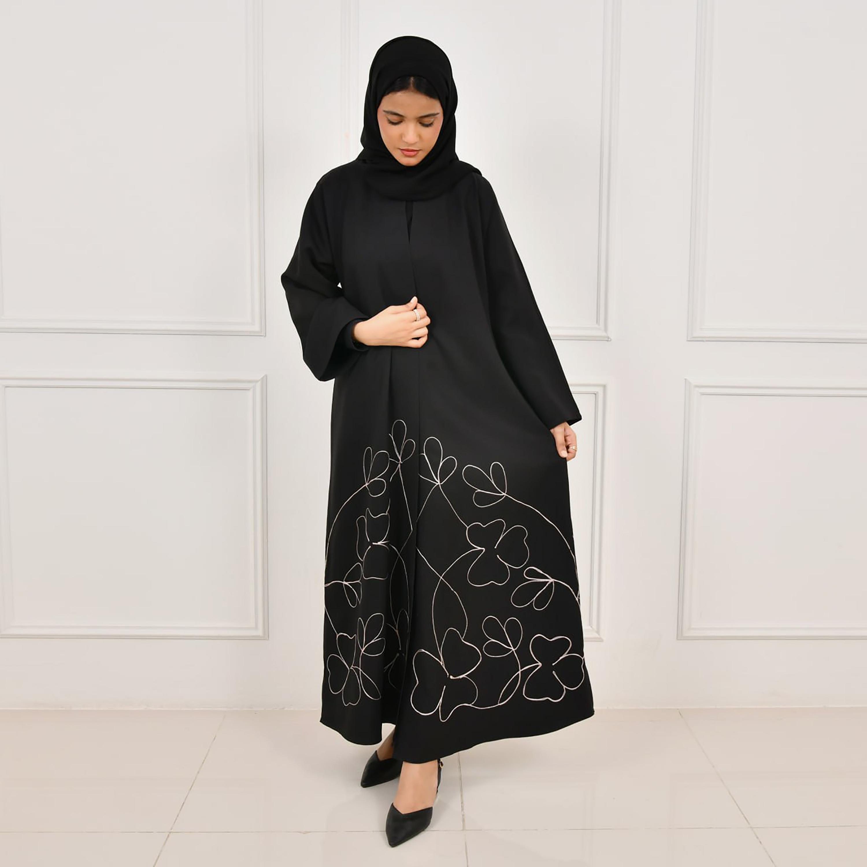 Hawraa Black Embroidered Linen Girl's Abaya with Hijab-girls-arabicclothing-abayas-image-1