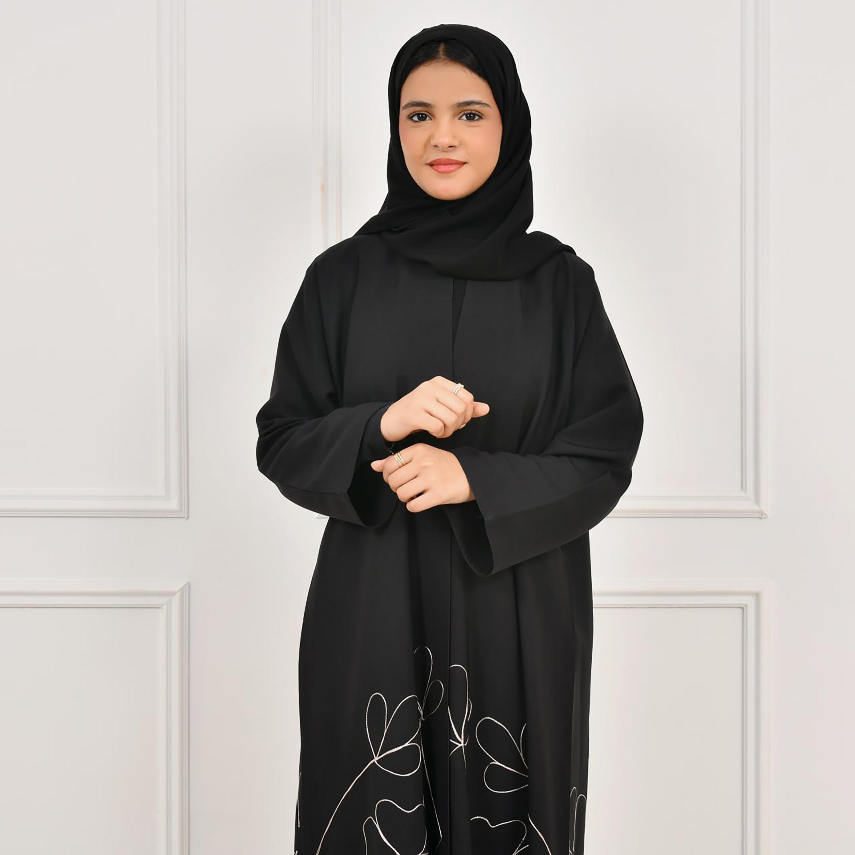 Hawraa Black Embroidered Linen Girl's Abaya with Hijab-girls-arabicclothing-abayas-image-2