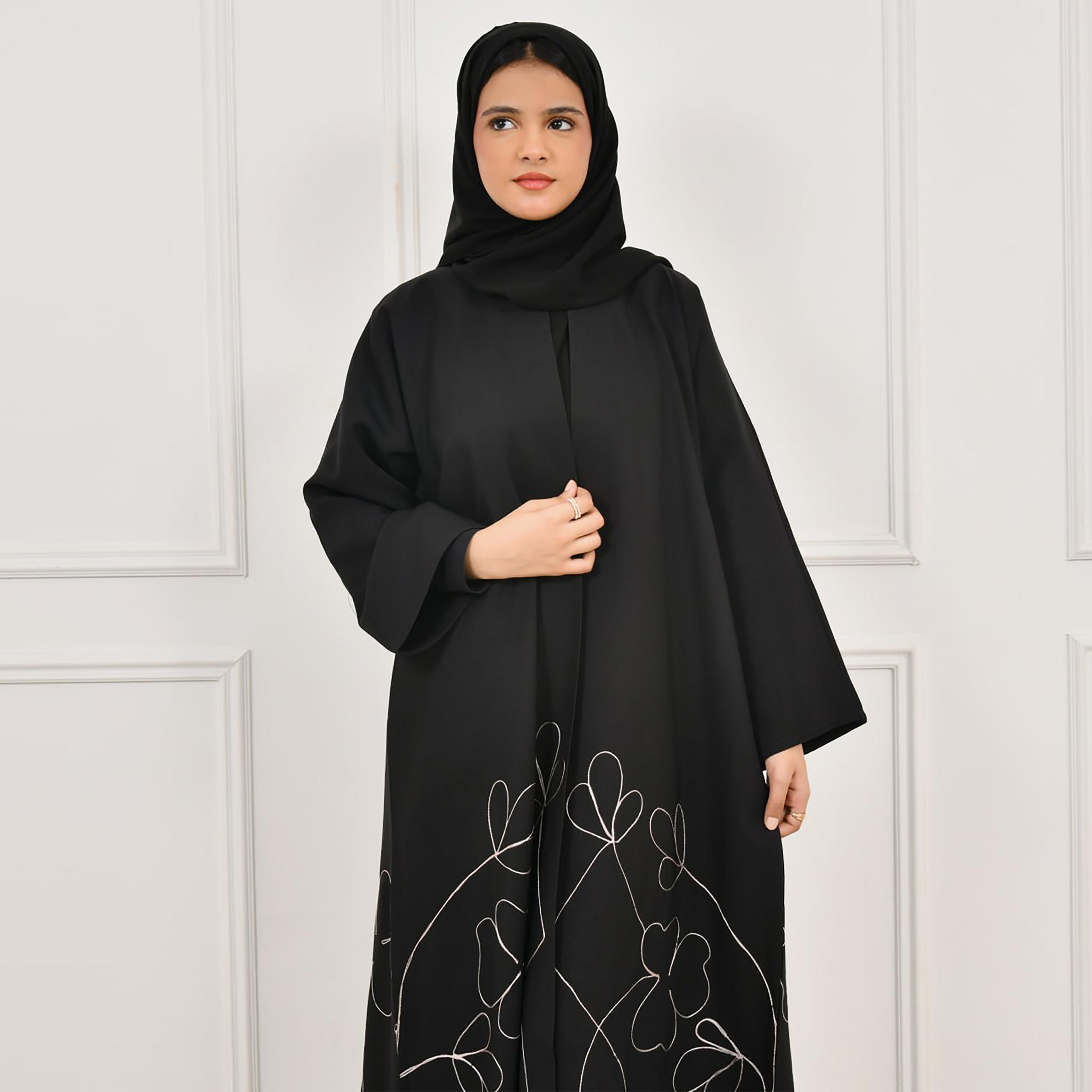 Hawraa Black Embroidered Linen Girl's Abaya with Hijab-girls-arabicclothing-abayas-image-3