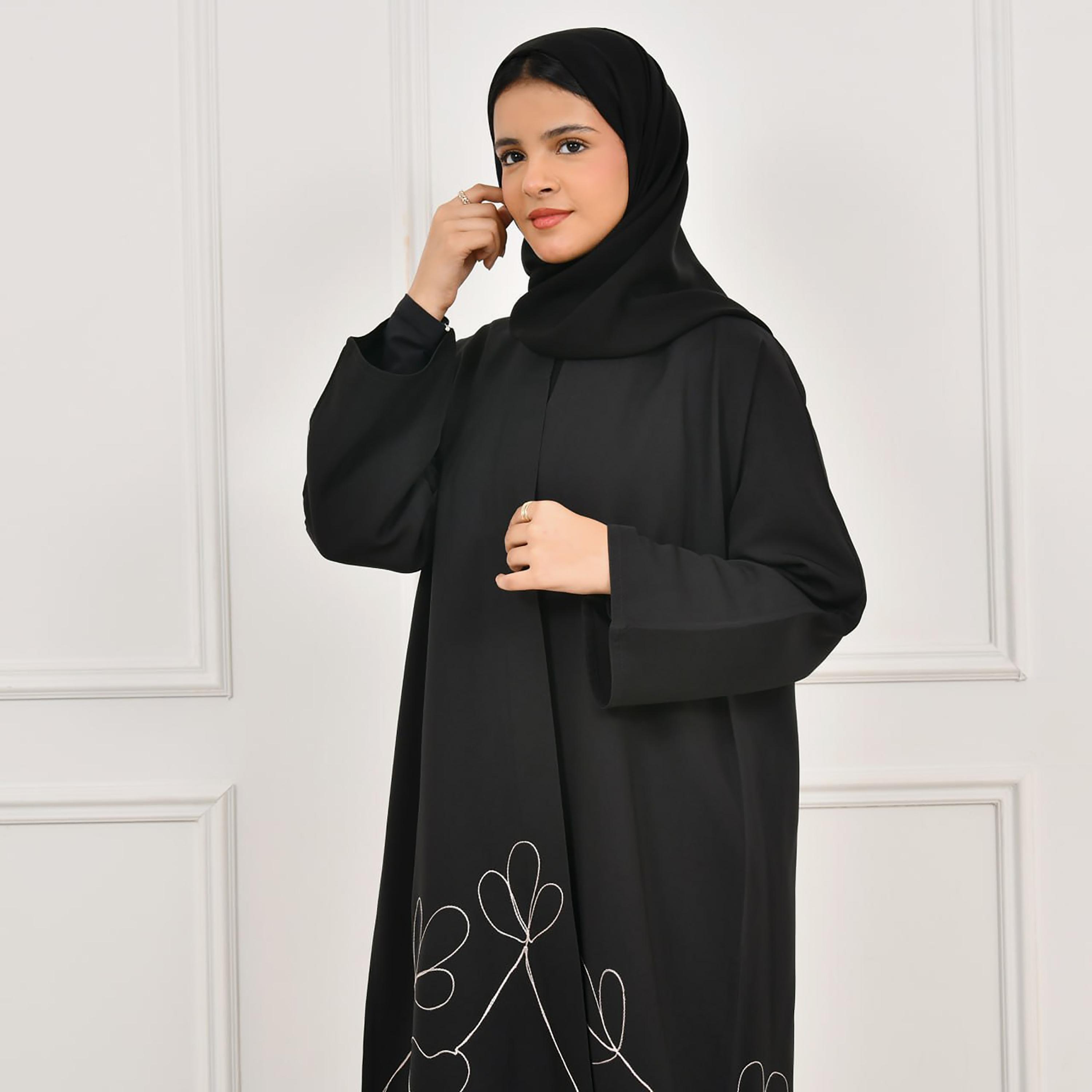 Hawraa Black Embroidered Linen Girl's Abaya with Hijab-girls-arabicclothing-abayas-image-4