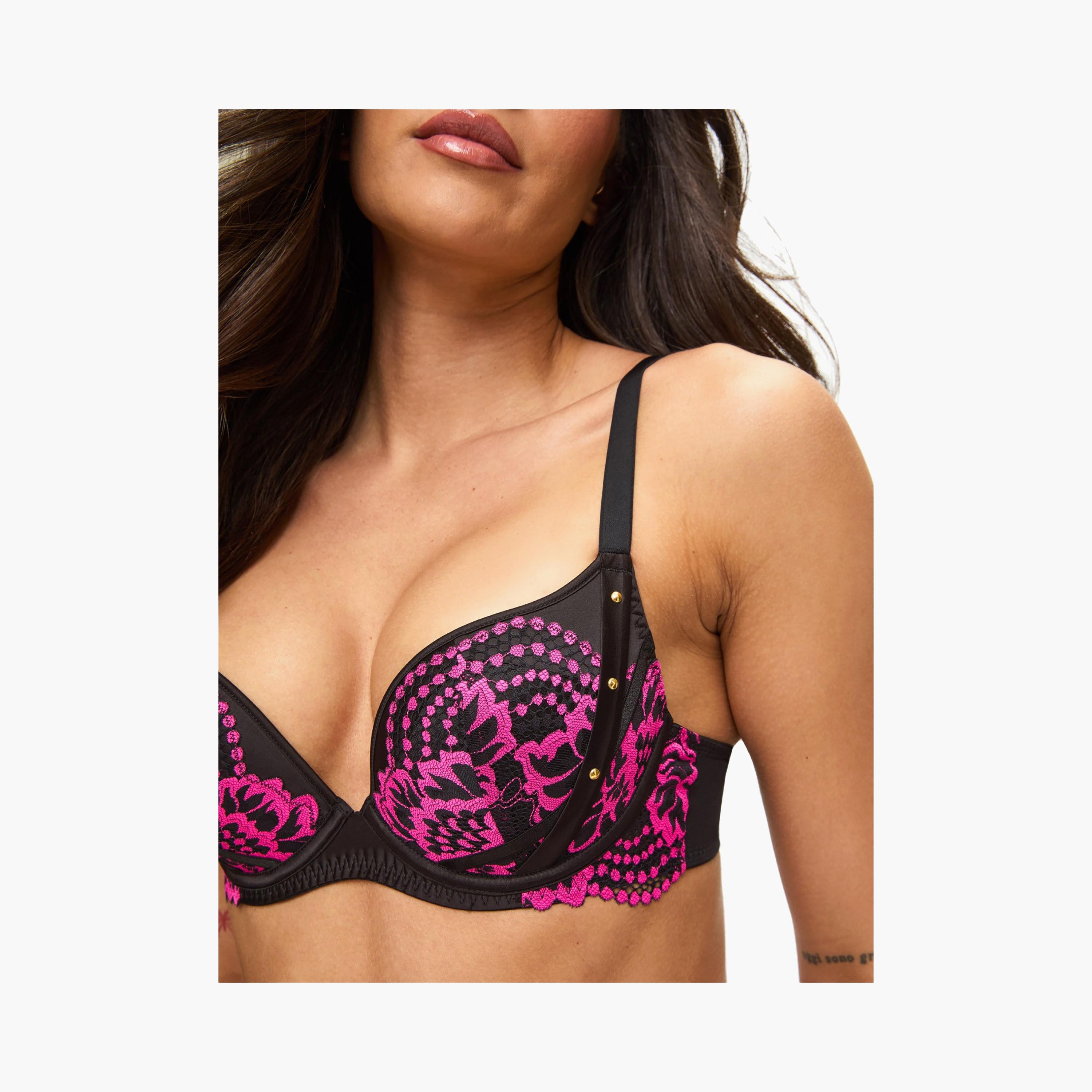 Ann Summers Seductive Black and Pink Lace Wired Medium Support Padded Women's Plunge Bra-women-clothing-lingerie-bras-image-2