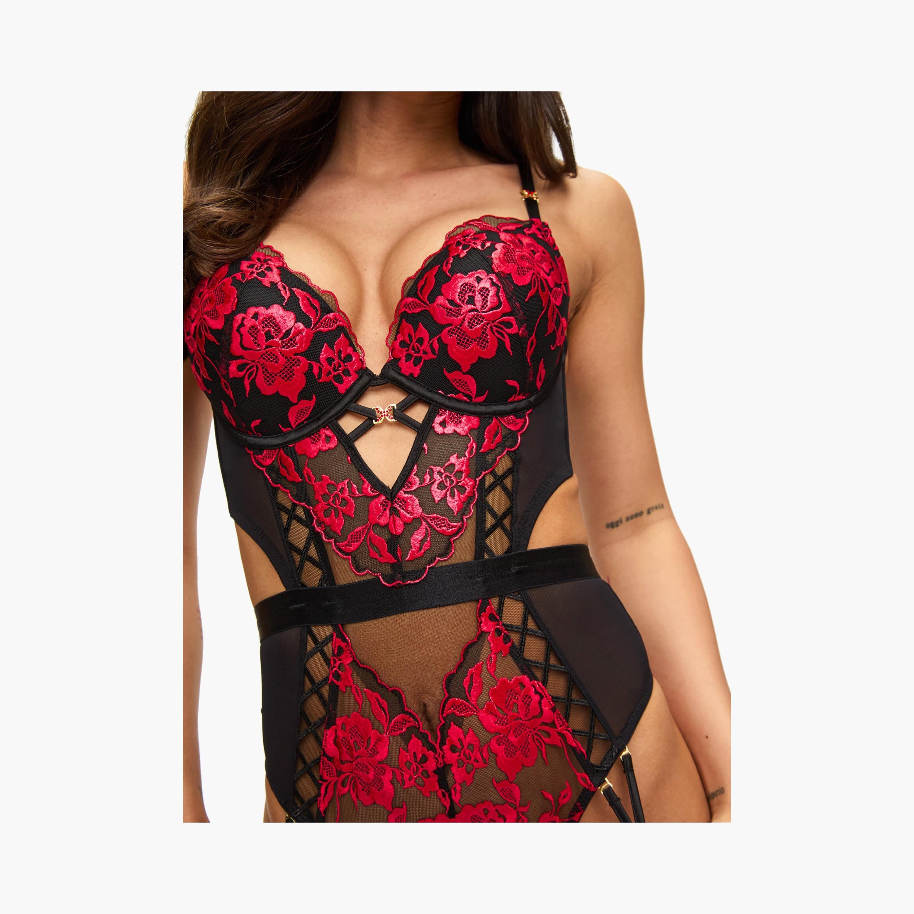 Ann Summers Endless Attraction Black and Red Floral Wired Medium Support Padded Women's Bodysuit-women-clothing-lingerie-babydollsandbodysuits-image-2