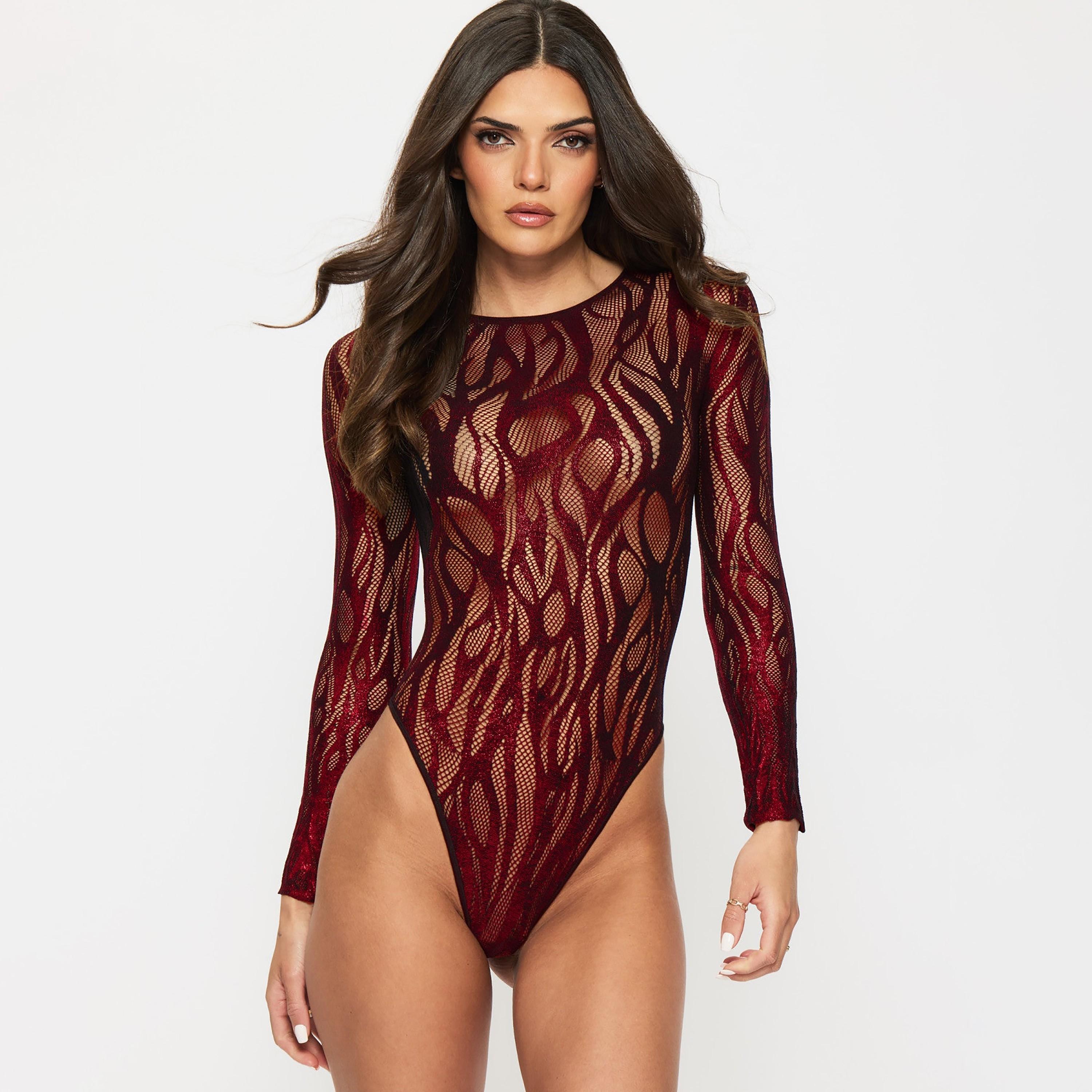 بودي سوت نسائي شبكي غير مبطن باللونين الأسود والأحمر بليزينغ سبيريت من آن سمرز-women-clothing-lingerie-babydollsandbodysuits-image-1