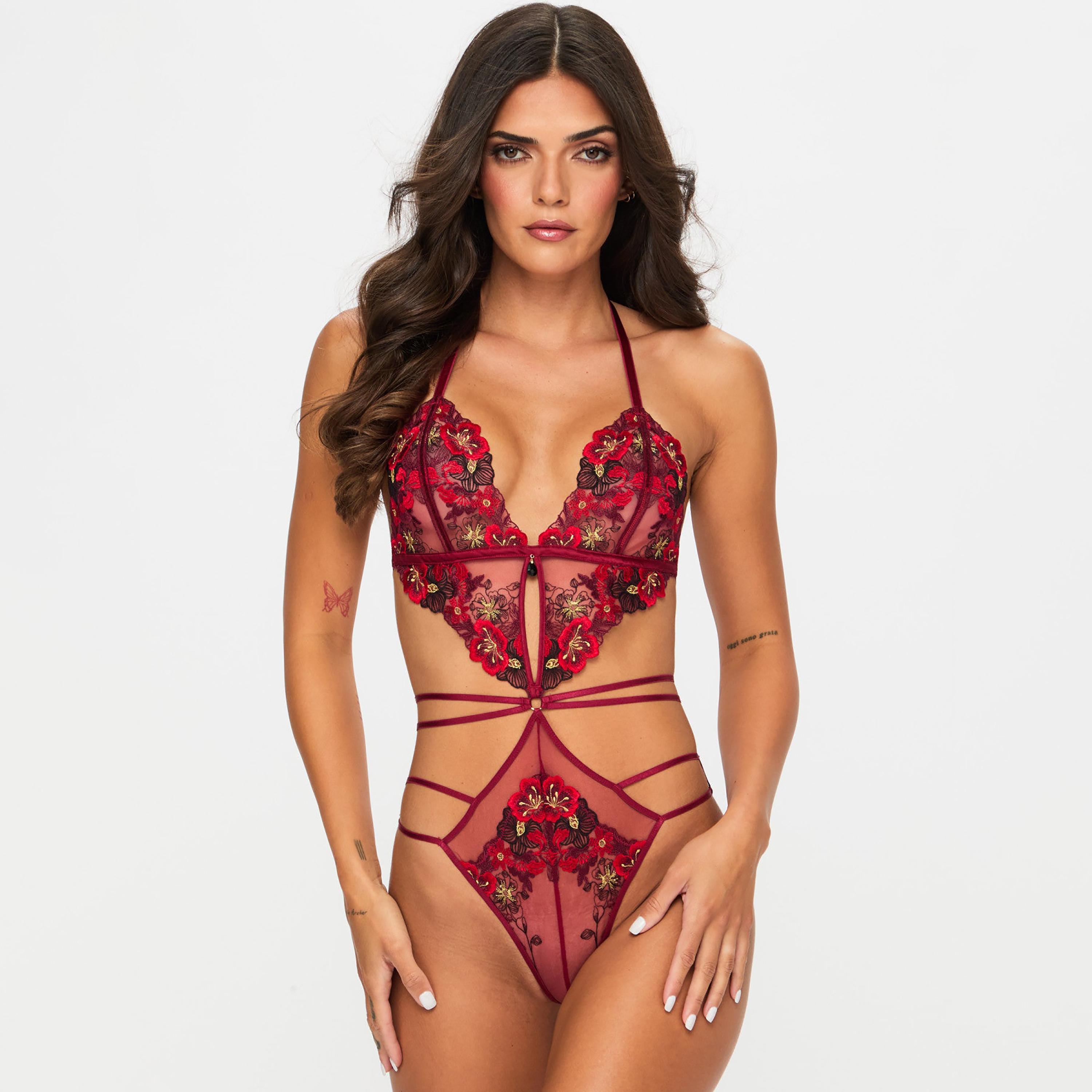 Ann Summers Shimmering Red Floral Embroidered Lace Non-Wired Light Support Unlined Women's Bodysuit-women-clothing-lingerie-babydollsandbodysuits-image-1