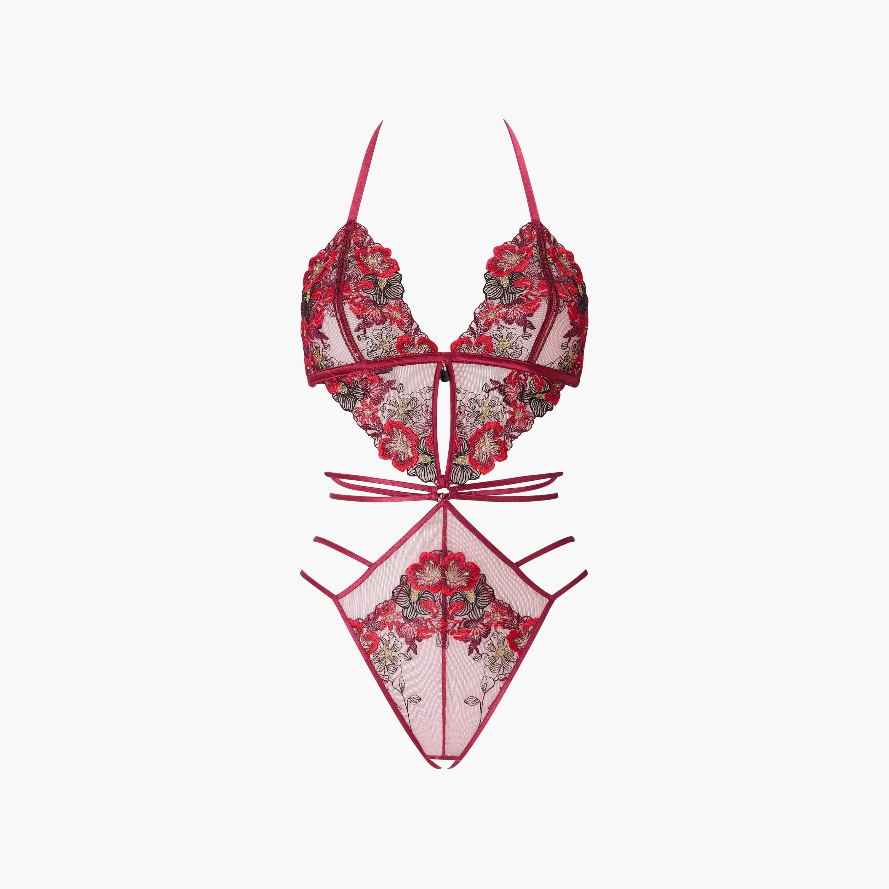 Ann Summers Shimmering Red Floral Embroidered Lace Non-Wired Light Support Unlined Women's Bodysuit-women-clothing-lingerie-babydollsandbodysuits-image-5