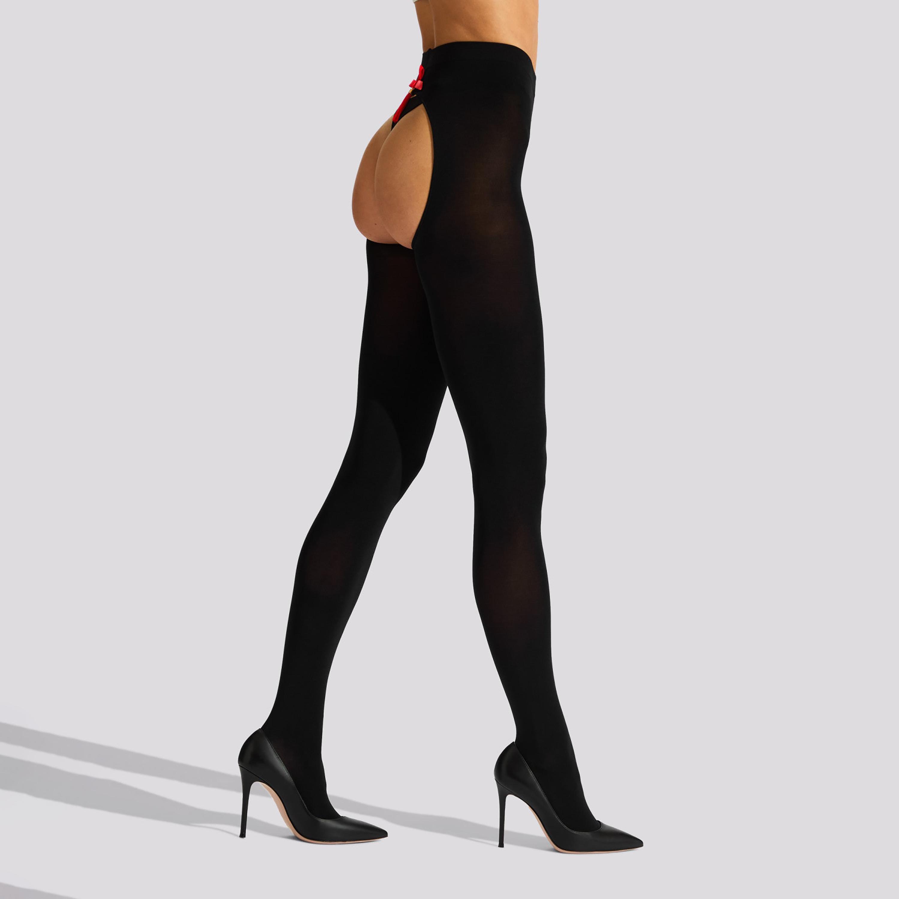 جوارب نسائية (كيلون) سوداء معتمة بتصميم مفتوح وتفاصيل شرابة من الخلف من آن سامرز-women-clothing-lingerie-tightsandstockings-image-2
