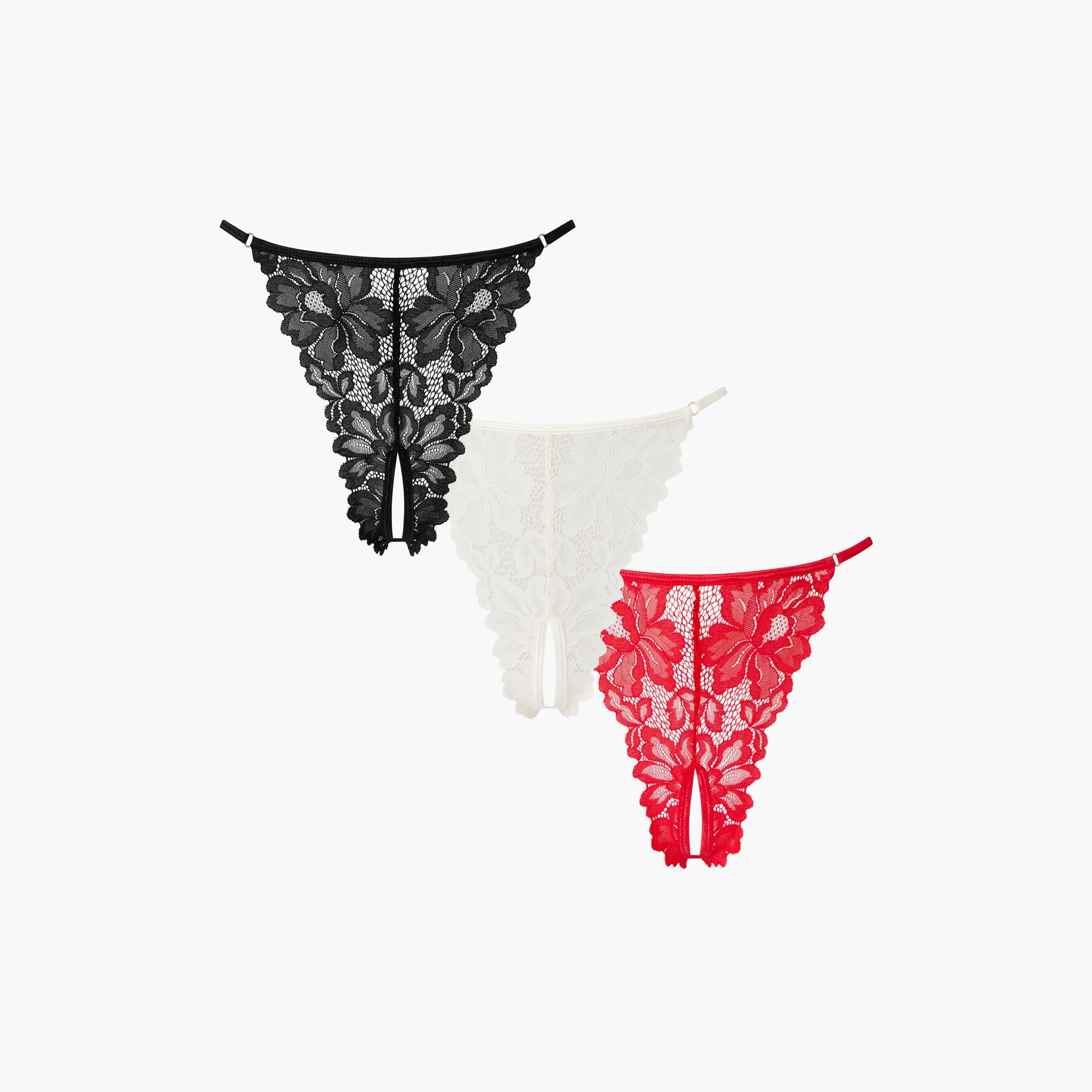 Ann Summers Pack of 3 Confession Multicolour Crotchless Lace Low Coverage Women's Thong Panties-women-clothing-lingerie-panties-image-1