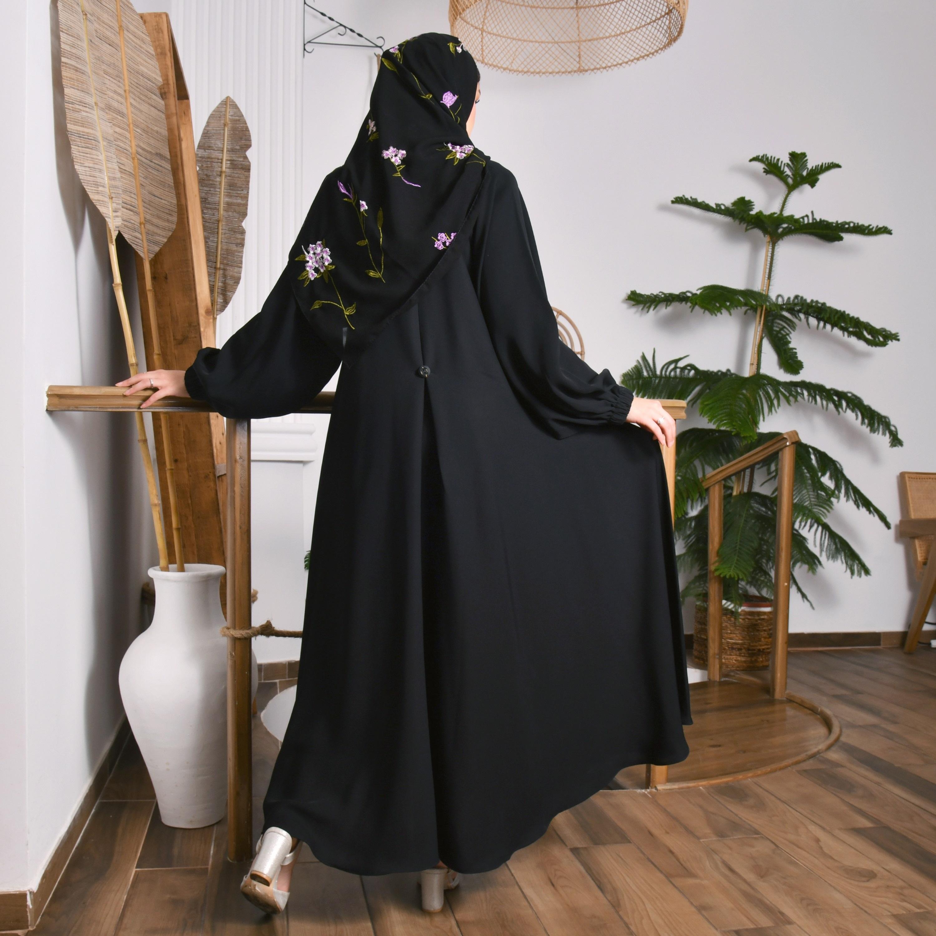 Hawraa Plain Abaya with Embroidered Hijab-women-arabicclothing-abayas-image-2