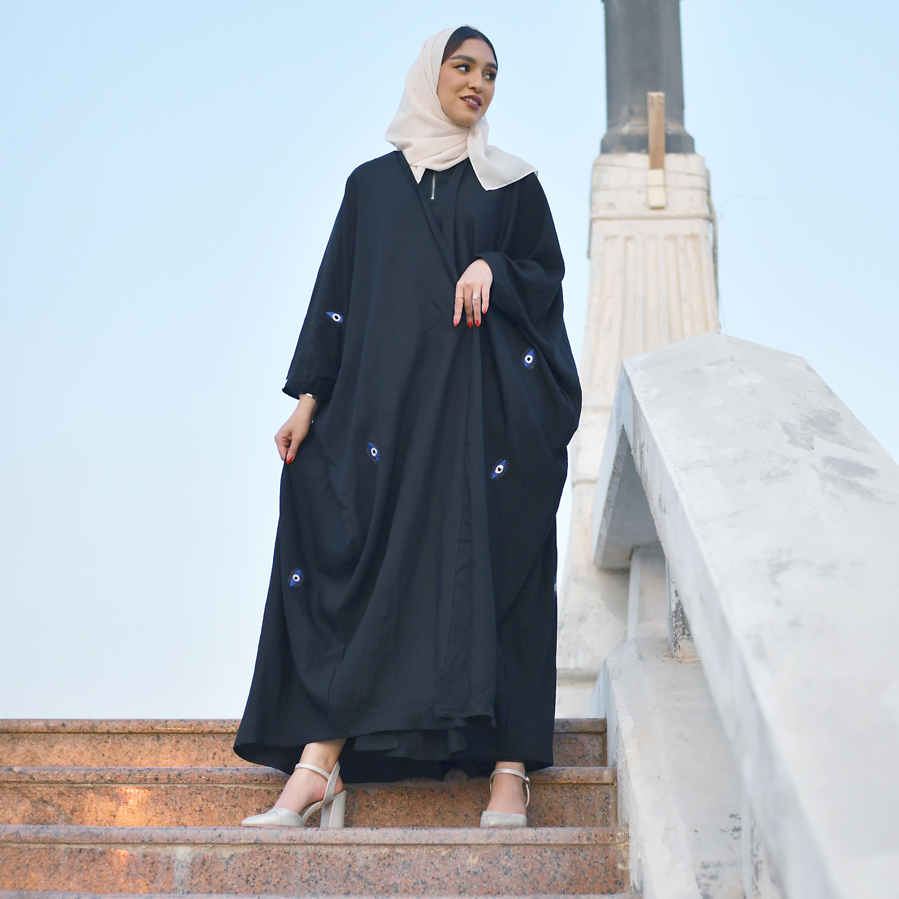 Hawraa Black Batwing Sleeves Crepe Eye Embroidery Wrap Abaya with Hijab-women-arabicclothing-abayas-image-1