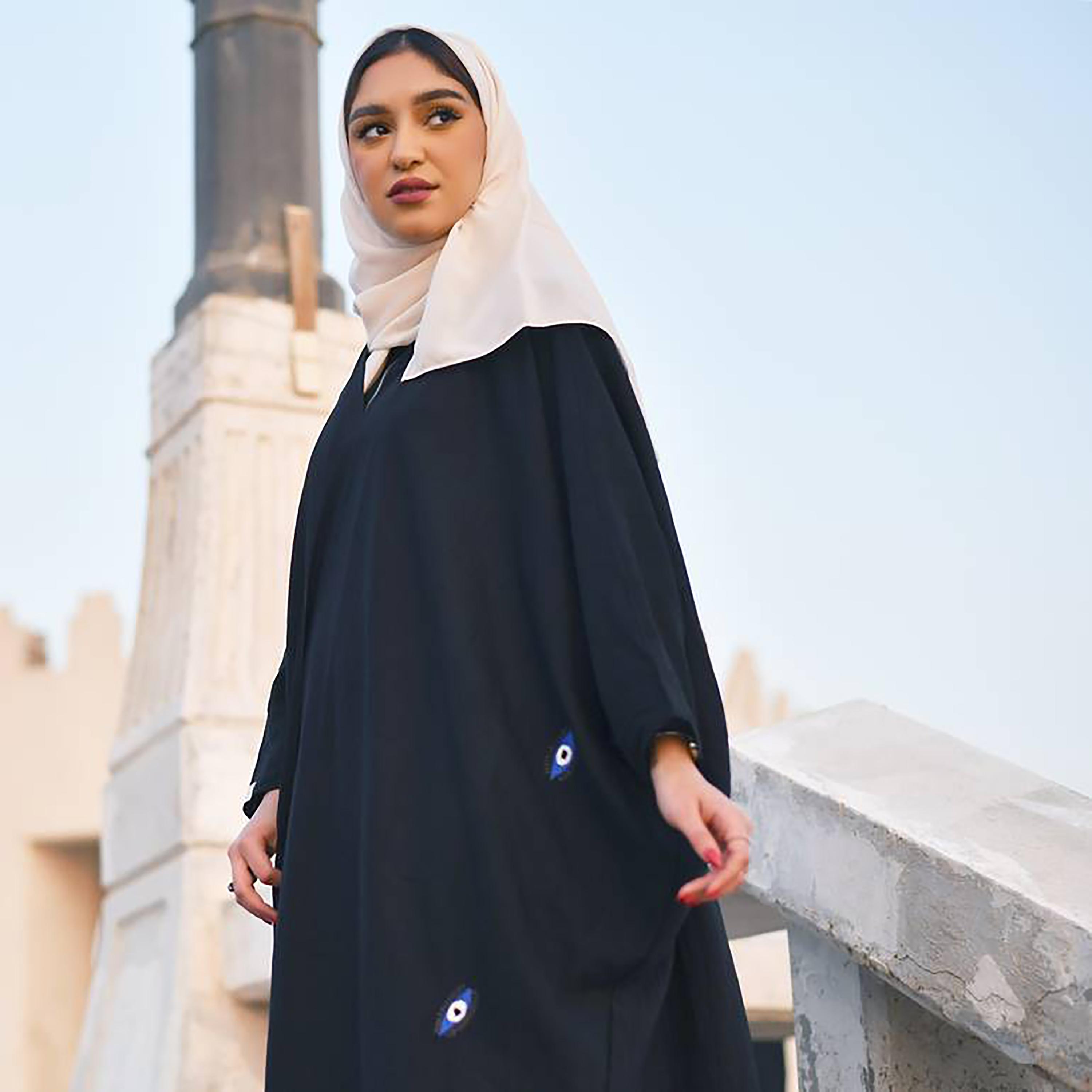Hawraa Black Batwing Sleeves Crepe Eye Embroidery Wrap Abaya with Hijab-women-arabicclothing-abayas-image-2