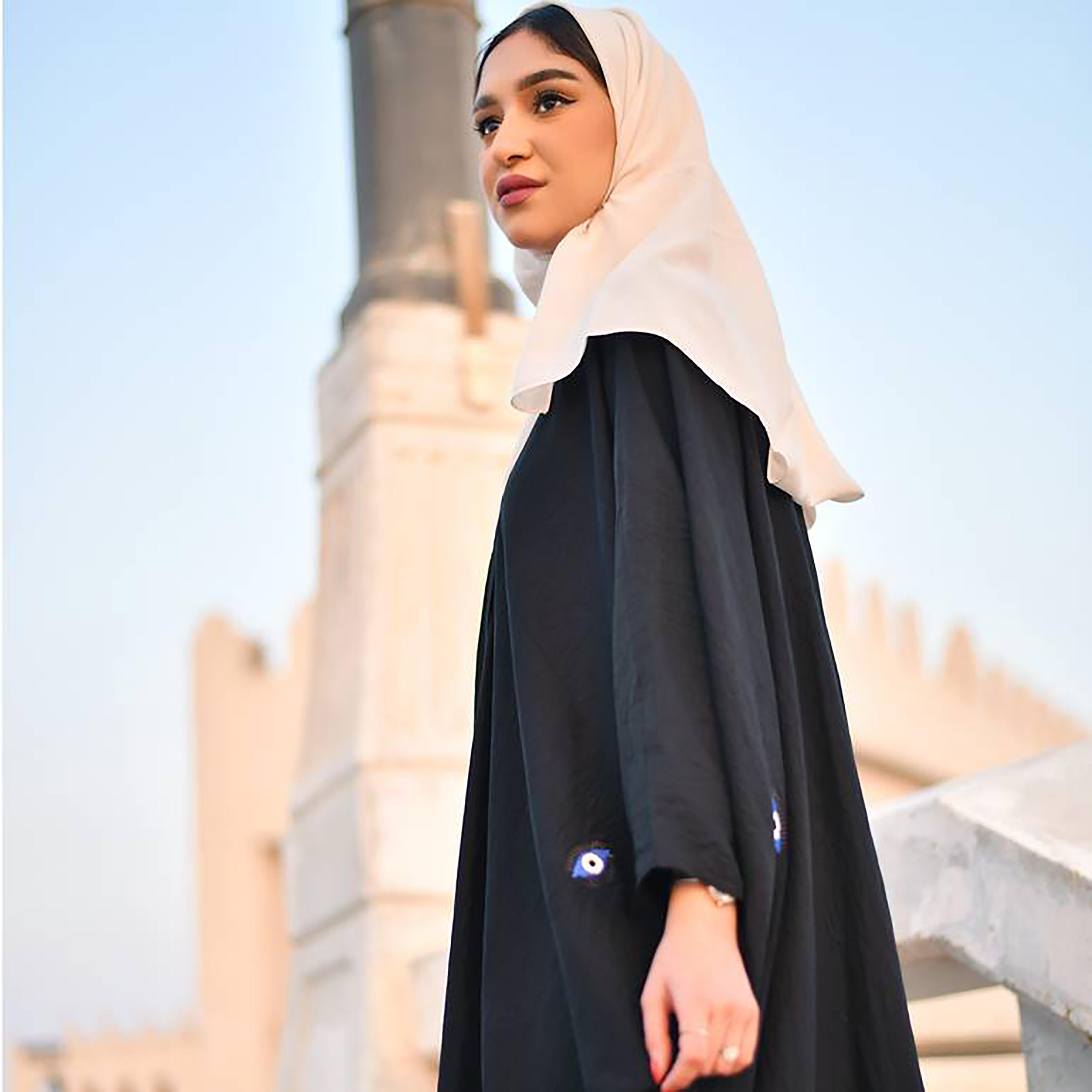 Hawraa Black Batwing Sleeves Crepe Eye Embroidery Wrap Abaya with Hijab-women-arabicclothing-abayas-image-3