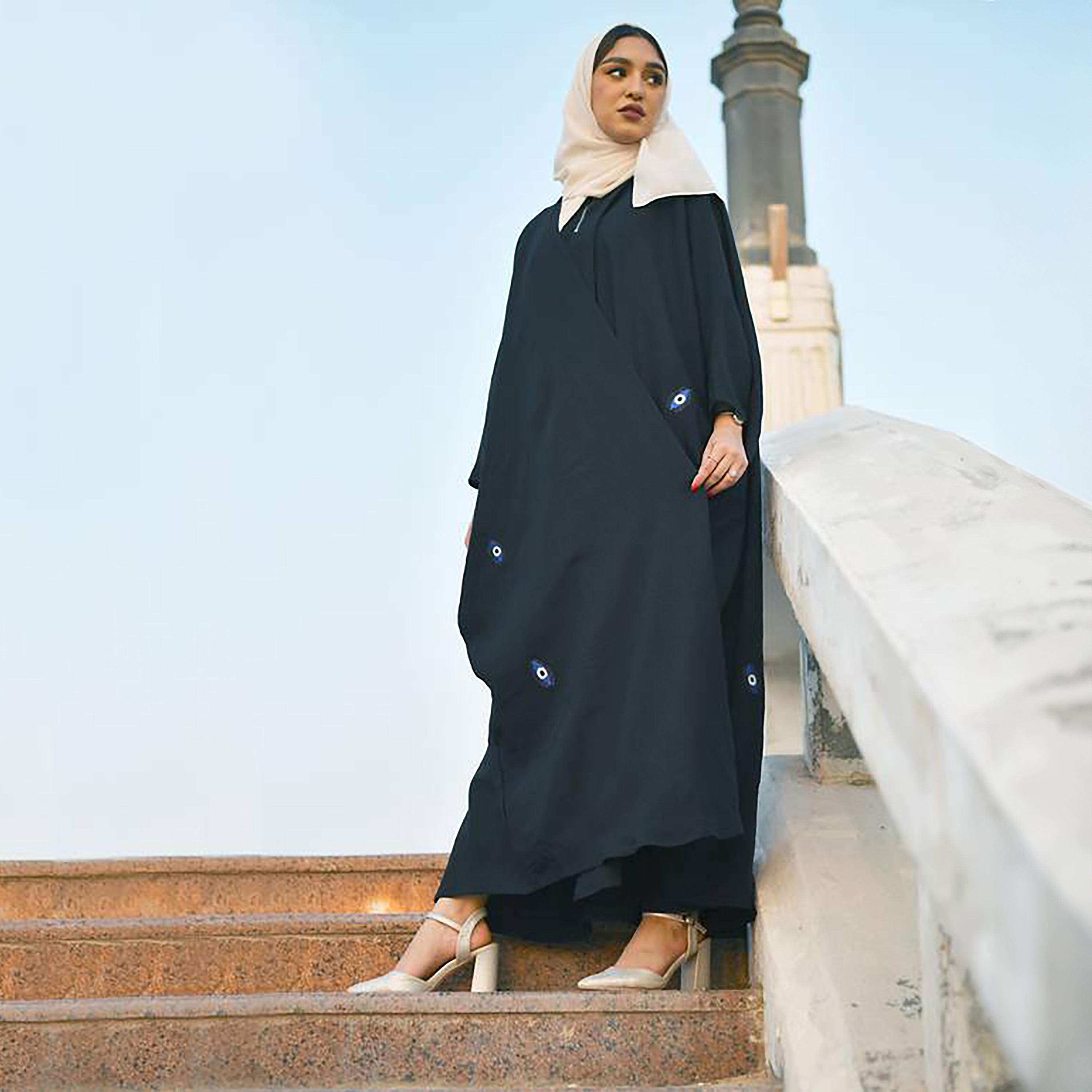 Hawraa Black Batwing Sleeves Crepe Eye Embroidery Wrap Abaya with Hijab-women-arabicclothing-abayas-image-4