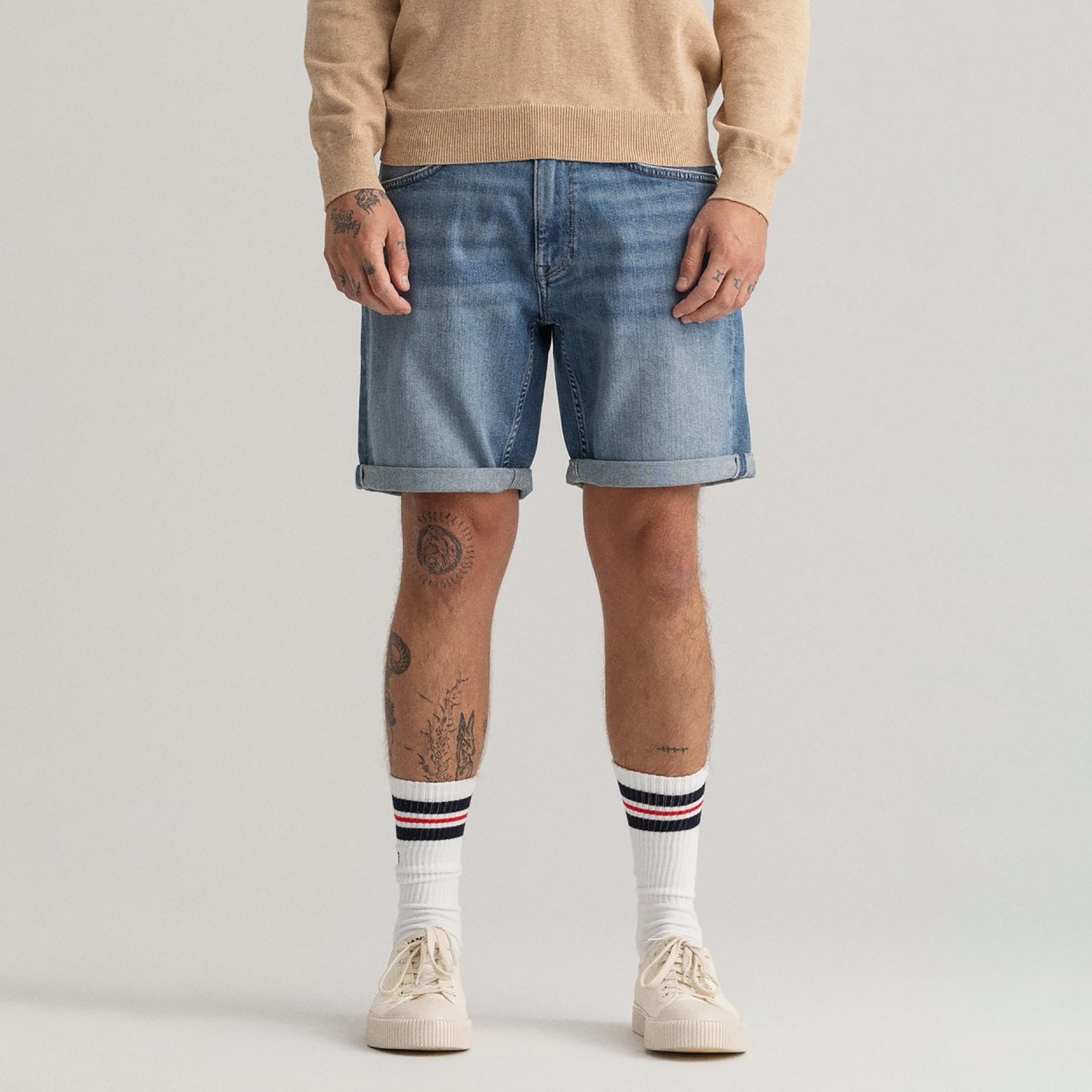 Gant Plain Mid-Rise Buttoned Denim Shorts-men-clothing-bottoms-shorts-image-1