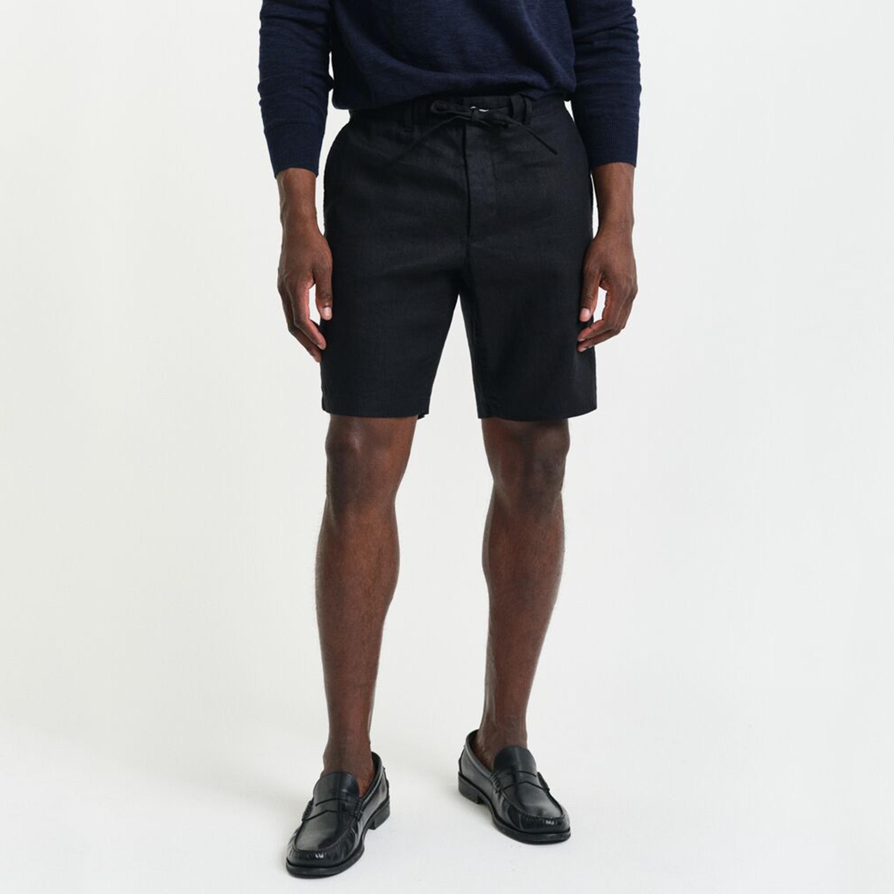 شورت رجالي من الكتان السادة بخصر متوسط الارتفاع ورباط شد من جانت-men-clothing-bottoms-shorts-image-7