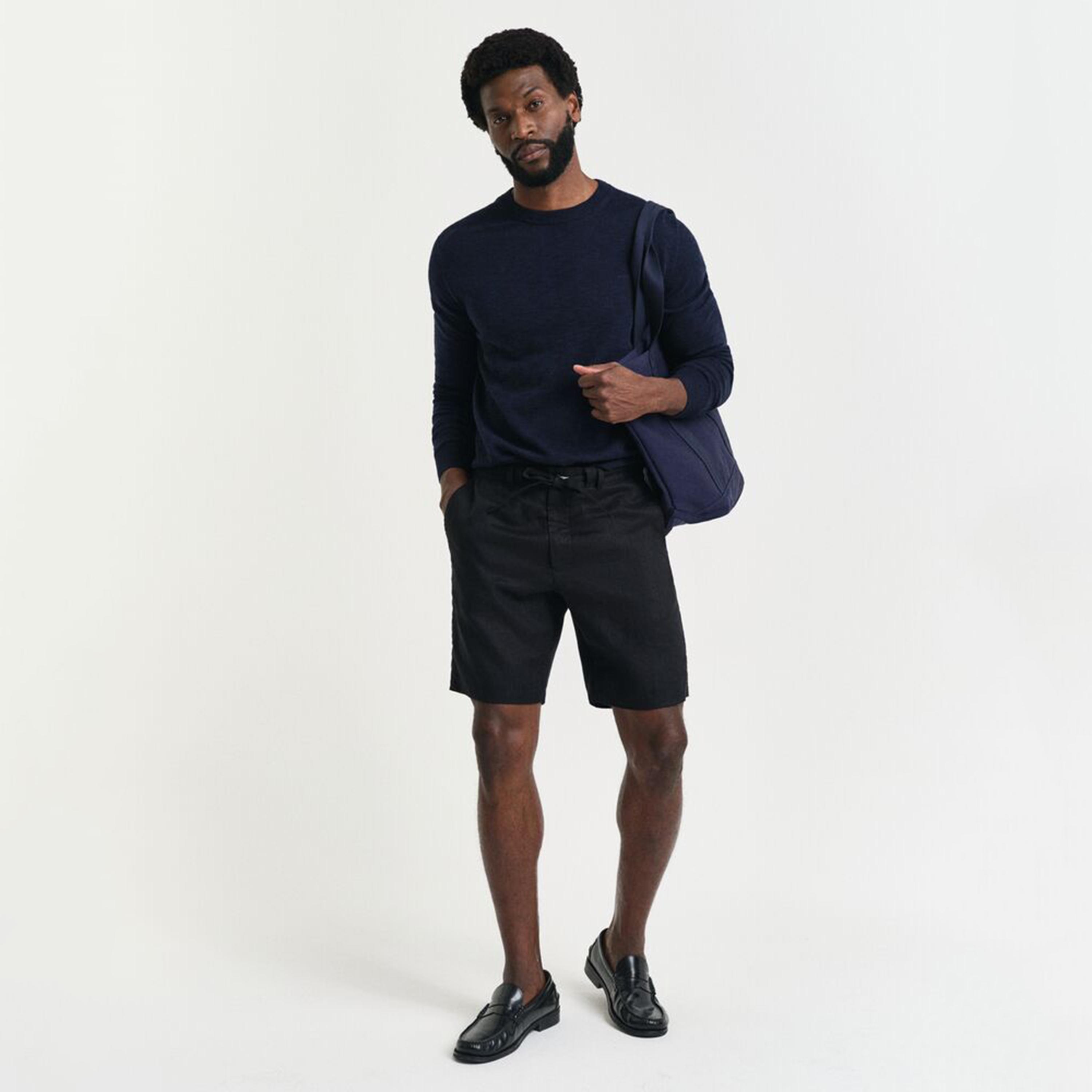 شورت رجالي من الكتان السادة بخصر متوسط الارتفاع ورباط شد من جانت-men-clothing-bottoms-shorts-image-8