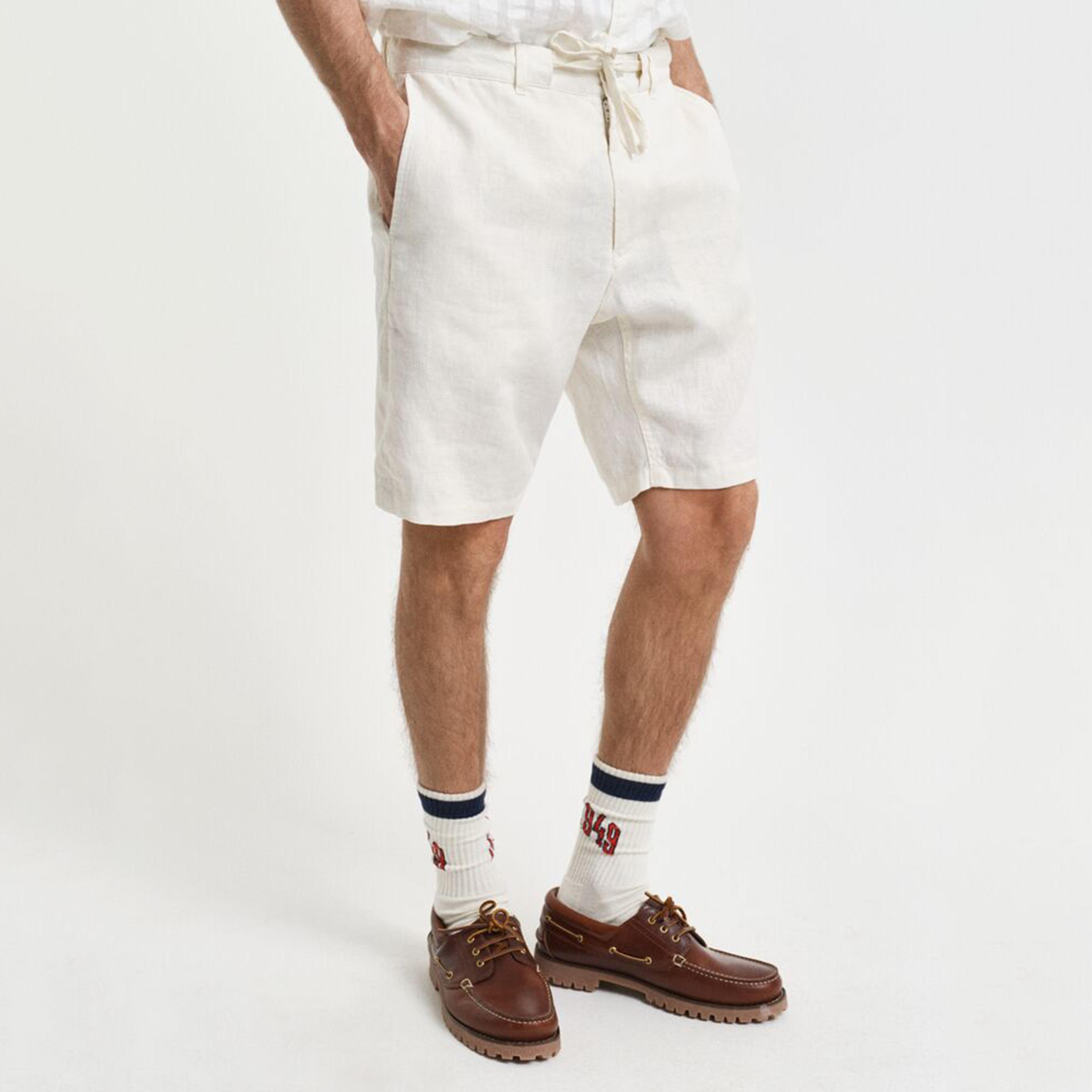 Gant Plain Mid-Rise Drawstring Men's Linen Shorts-men-clothing-bottoms-shorts-image-1
